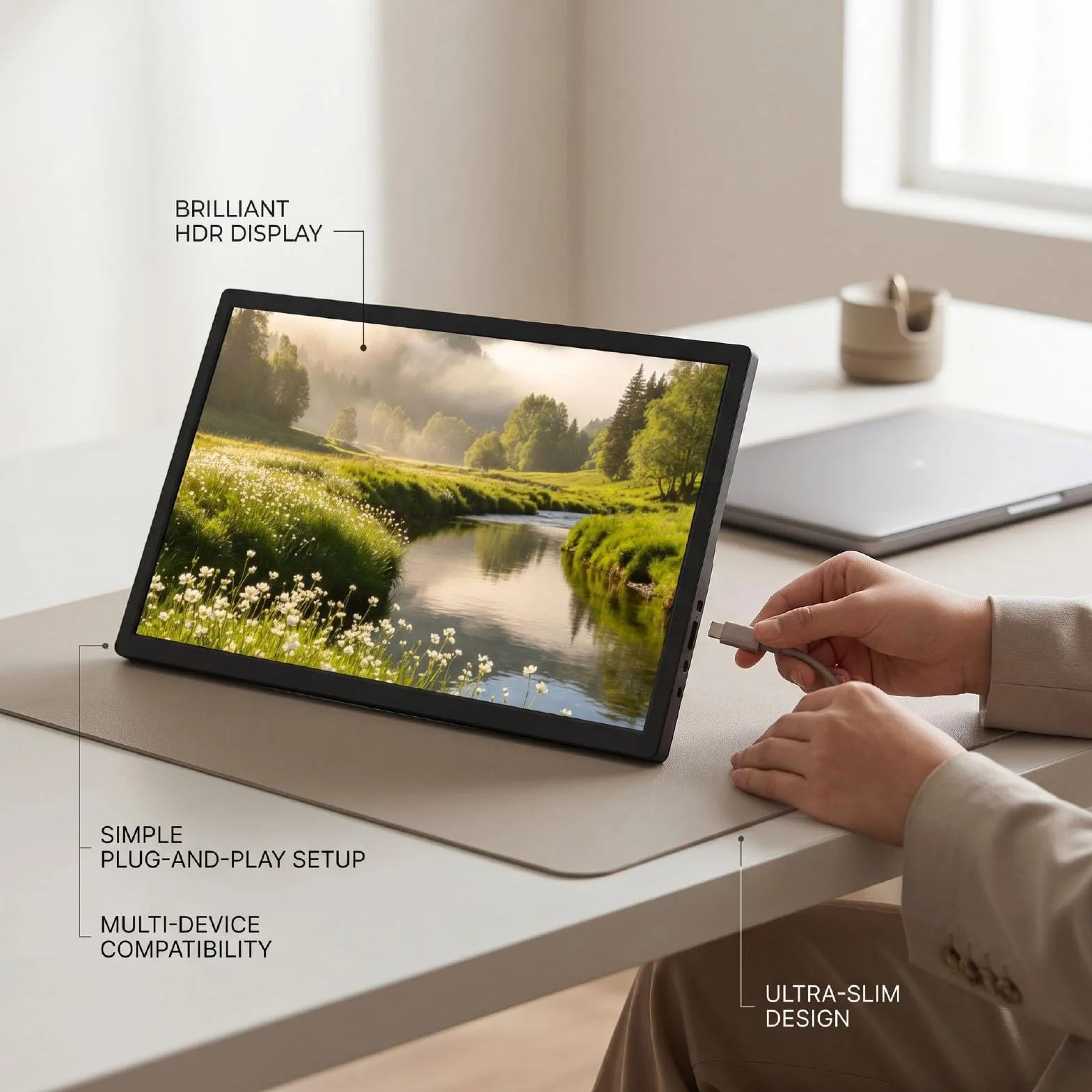 Przenośny Monitor, 15,6-calowy Monitor Podróżny 1080P USB C HDMI, Wbudowana Podstawa VESA, Zewnętrzny Ekran do Laptopów, Komputerów Stacjonarnych, Pokładu Parowego, Konsoli do