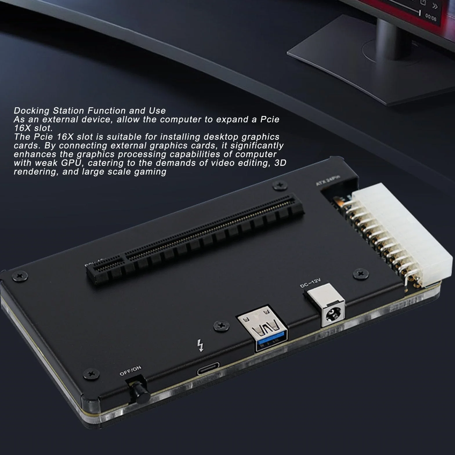 Luocute Stacja Dokująca Karty Graficznej, Zewnętrzna Stacja Dokująca GPU z Gniazdem PCIE 16X Interfejs ATX24Pin Kabel Danych 1 M Wspornik ATX