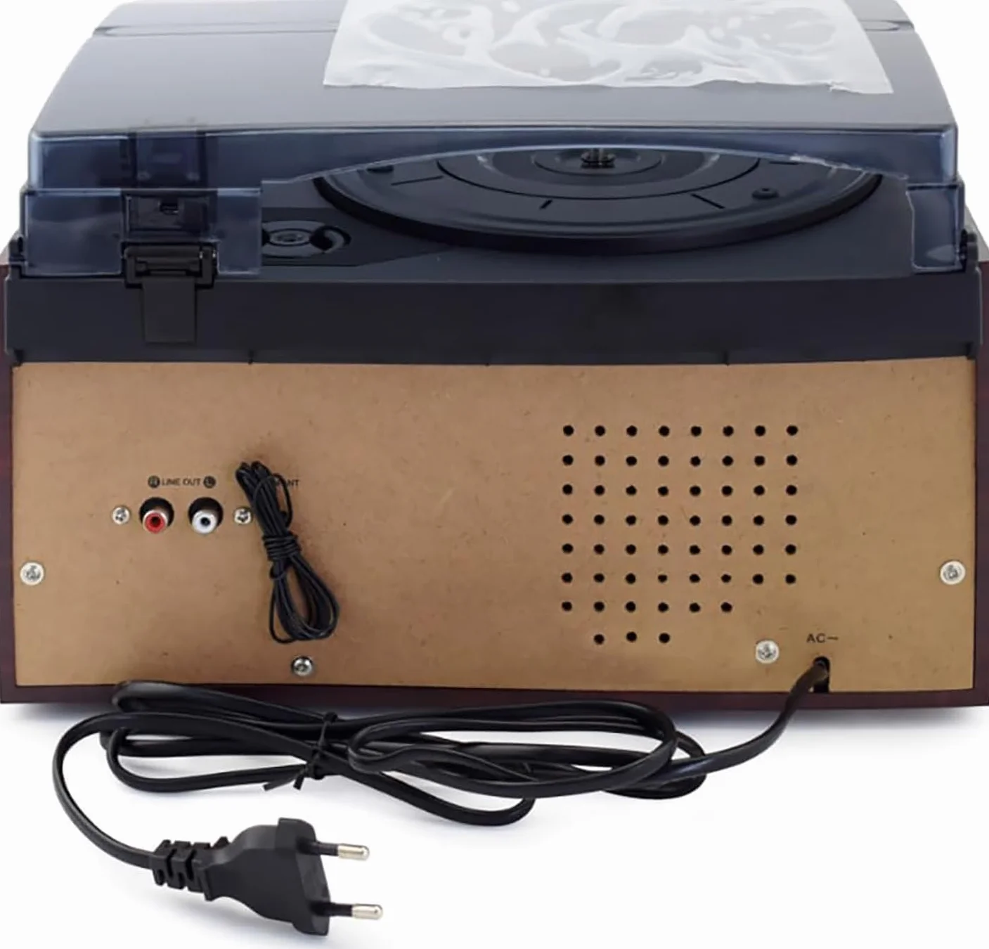 Odtwarzacz płyt winylowych i magnetofon kasetowy z Bluetooth, radiem FM, wbudowanymi głośnikami, USB, odtwarzaczem CD, 3-biegowym gramofonem vintage, osłona przeciwpyłowa