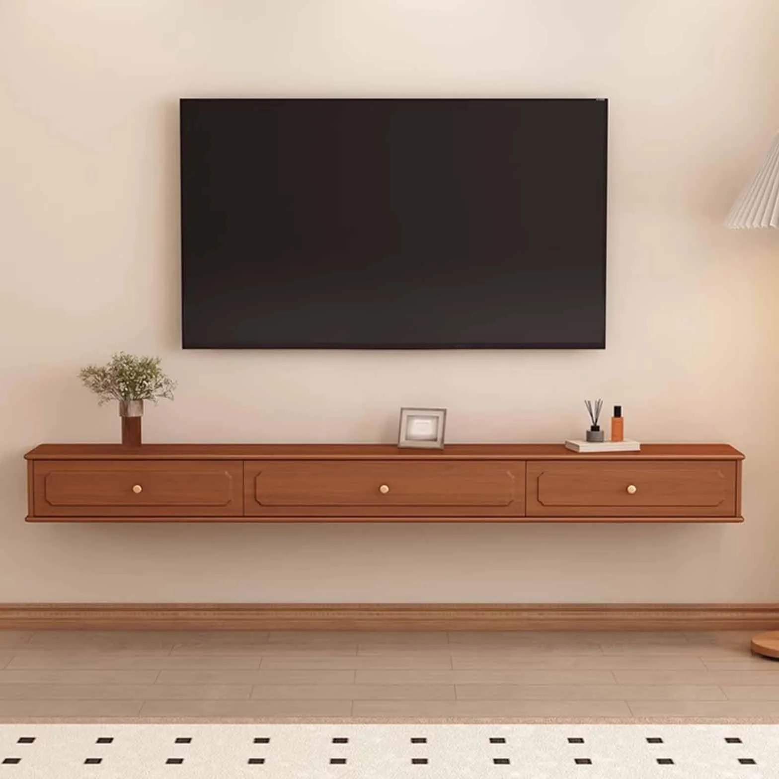 Pływający stojak na telewizor - drewno orzechowe montowana na ścianie konsola Ma 120 cm - nowoczesne centrum rozrywki Slish Sto do TV i akcesoriów Multima Space-Sing Design