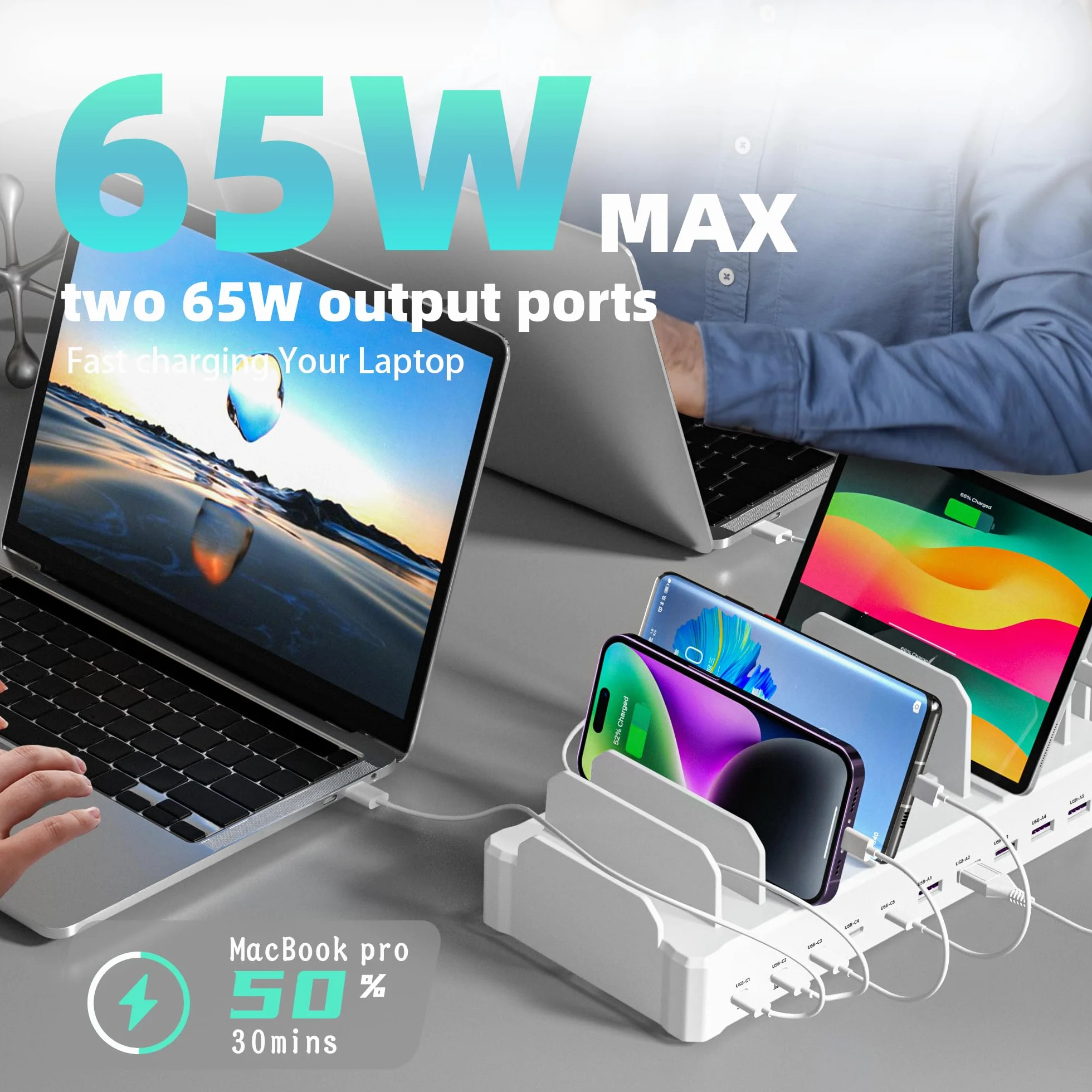 Zobirez - Stacja ładująca 320 W dla wielu urządzeń, 10-portowa stacja szybkiego ładowania USB C dla MacBooka, iPhone'a, telefonu komórkowego z systemem Android, iPad, tabletów, wielu organizatorów