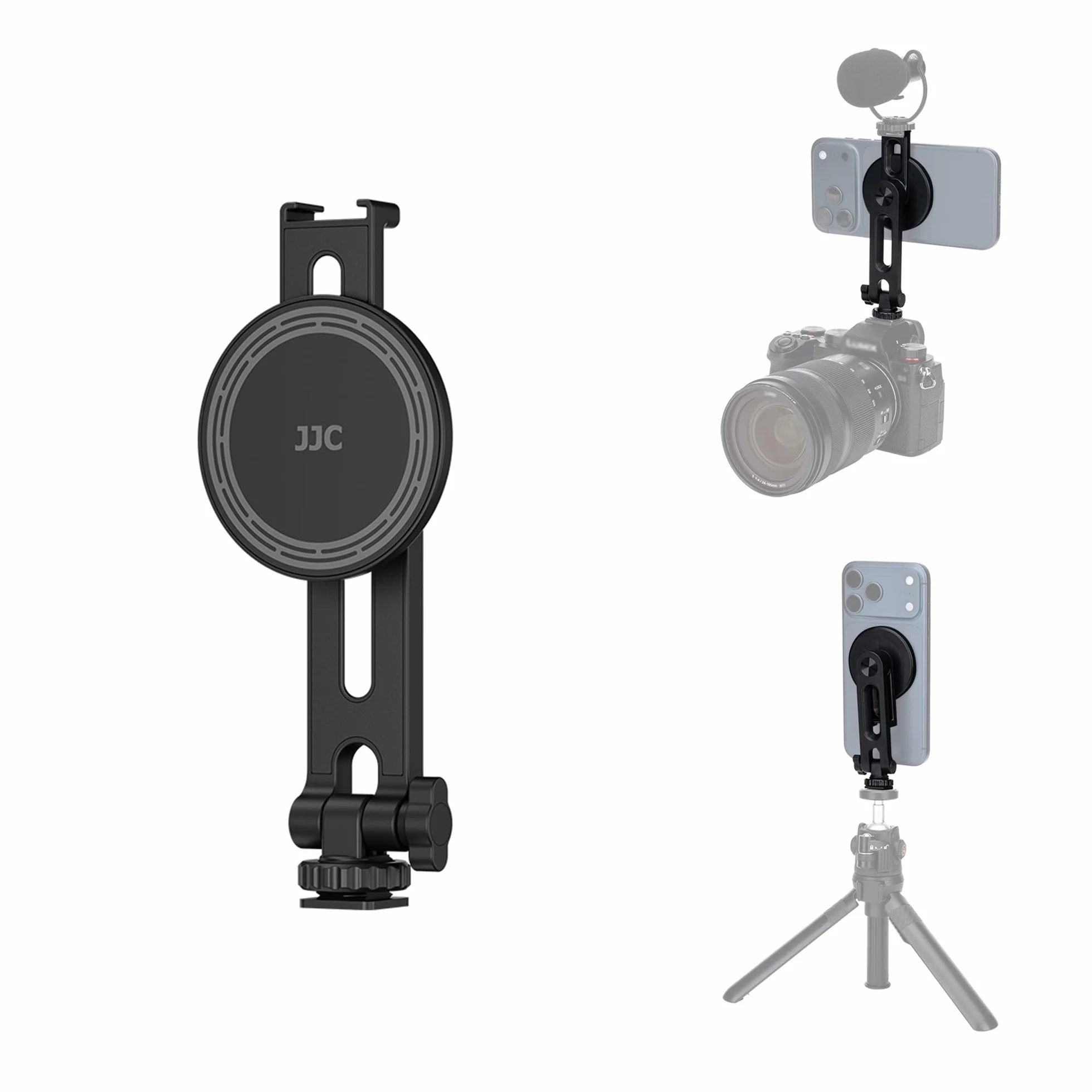 JJC Magnetyczny uchwyt na statyw do telefonu iPhone 17 16 15 14 13 Pro Max Min, nachylenie 180° przenośny stojak na smartfon na aparacie z zimną stopką i śrubą 1/4 cala do mikrofonu LED