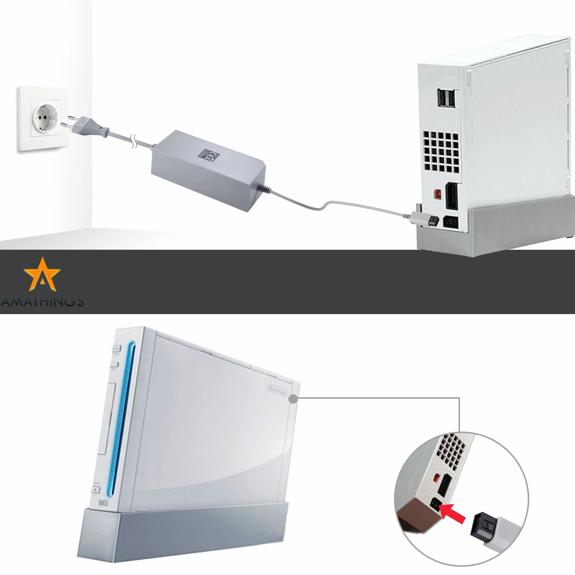 AMATHINGS Zasilacz sieciowy pasujący do Nintendo Wii – zamiennik adaptera AC (220 V) – ładowarka 12 V/3,7 A – cicha praca i bezpieczeństwo – kompatybilny ze wszystkimi modelami DE – Euro Wii (nie