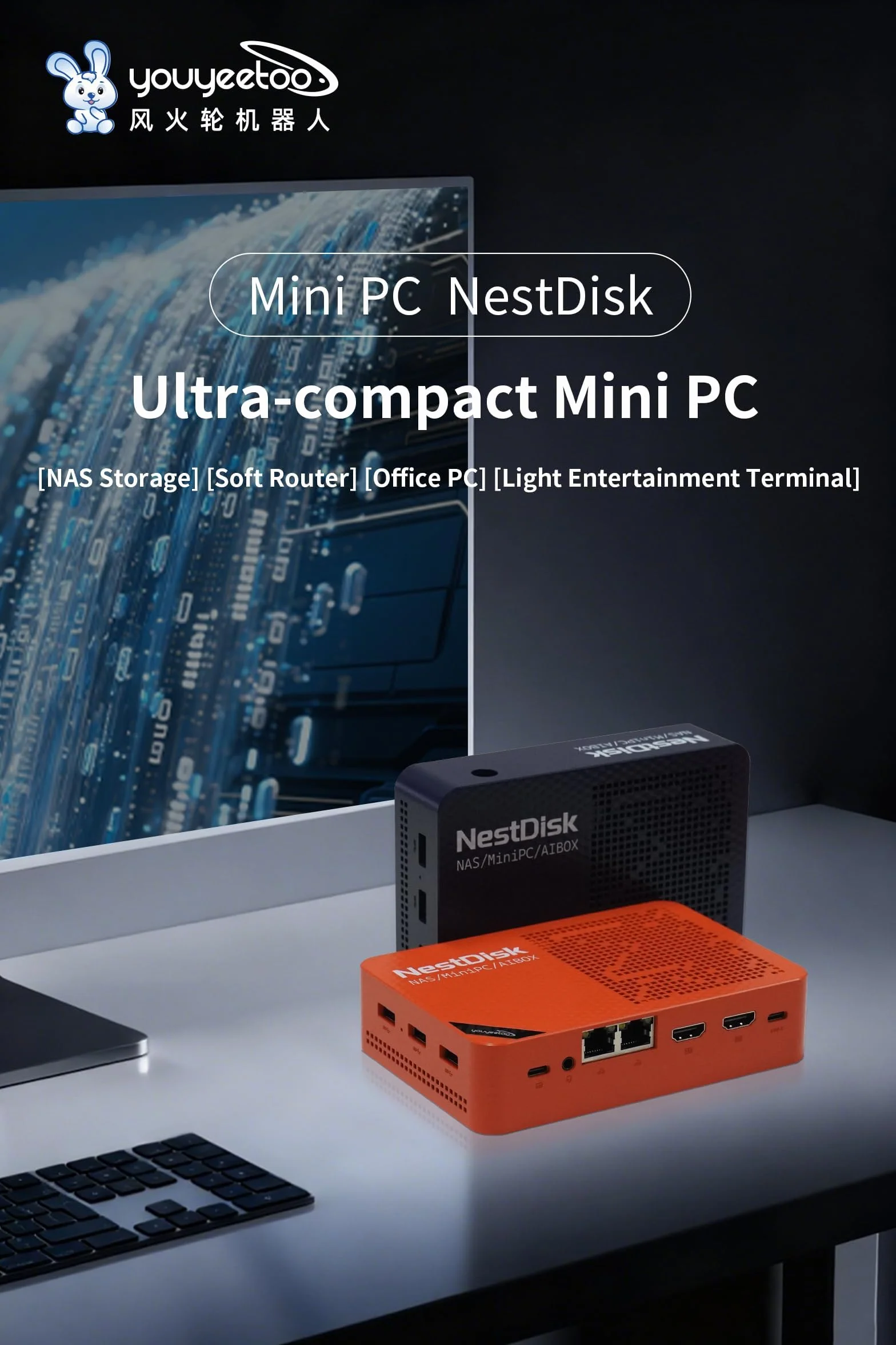 Youyeetoo NAS Mini iPC z czterordzeniowym procesorem Intel N150, 4 wnęki NVME (16 TB Max), podwójny 2,5G Ethernet + WiFi 6, 12 GB DDR5, 3-drożny 4K, OMV wstępnie zainstalowany do domu/biura
