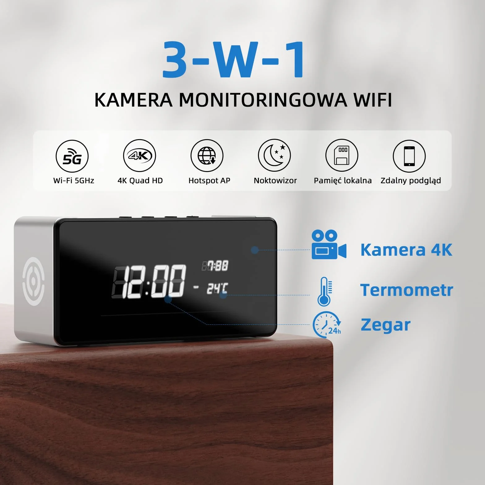 Kamera szpiegowska 4K z Podglądem na Żywo w Aplikacji - Kamera z budzikiem z Wykrywaniem Ruchu i Noktowizorem do Monitoringu Domu i Biura