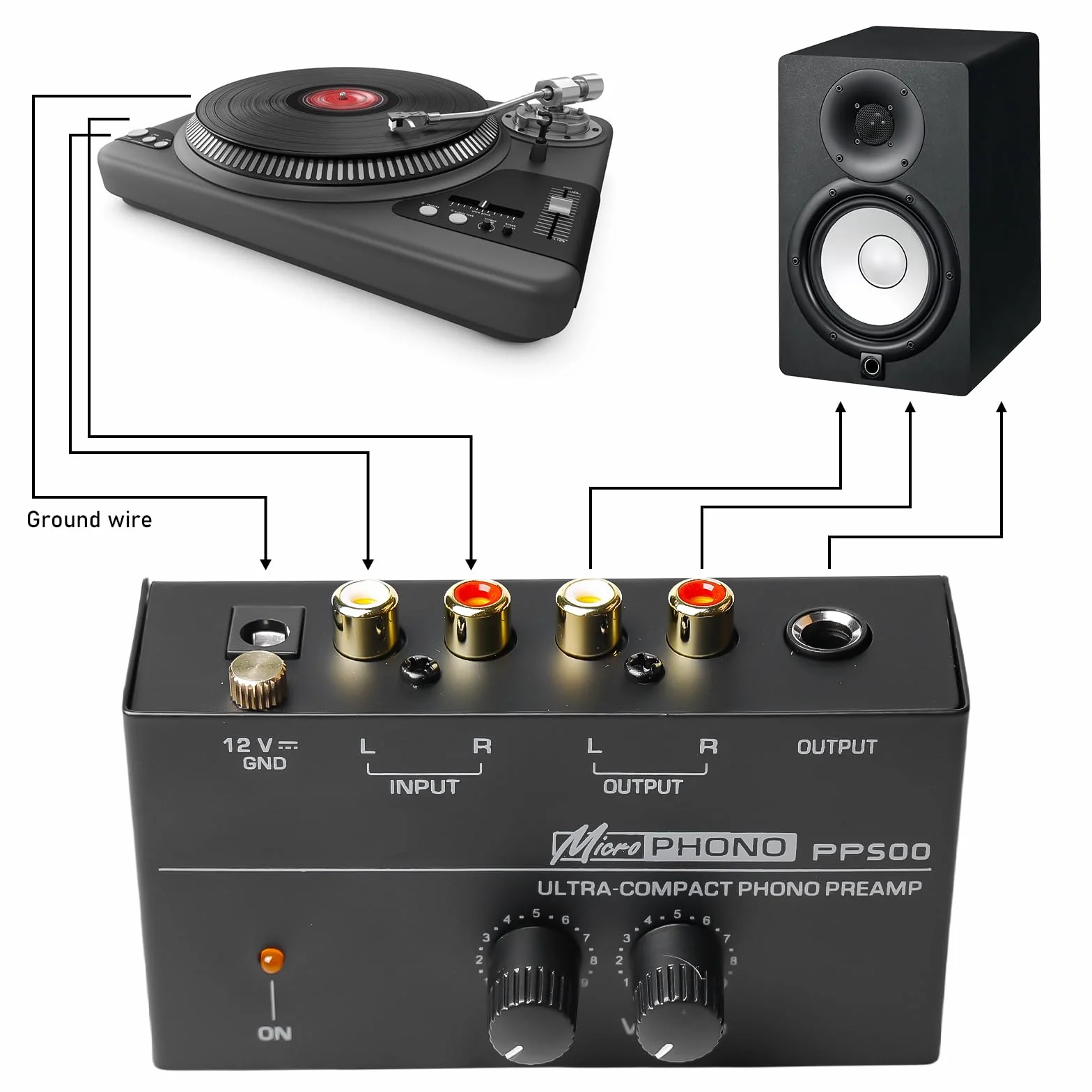 Phono przedwzmacniacz gramofonu, gramofon, czarny wzmacniacz stereo z systemami skanowania MM, Phono Preamp do gramofonu, wzmacniacz stereo z poziomem, wejście i wyjście RCA