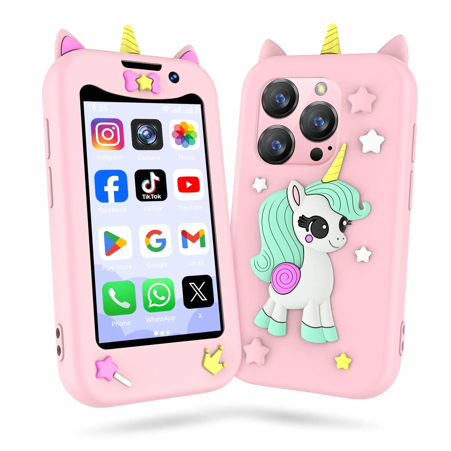 Mini smartfon jednorożec, 3-calowy ekran dotykowy HD, smartfon dla dzieci, podwójny aparat, rozpoznawanie twarzy, MP3/GPS, programowane włączanie/wyłączanie, odblokowany mały smartfon prezent