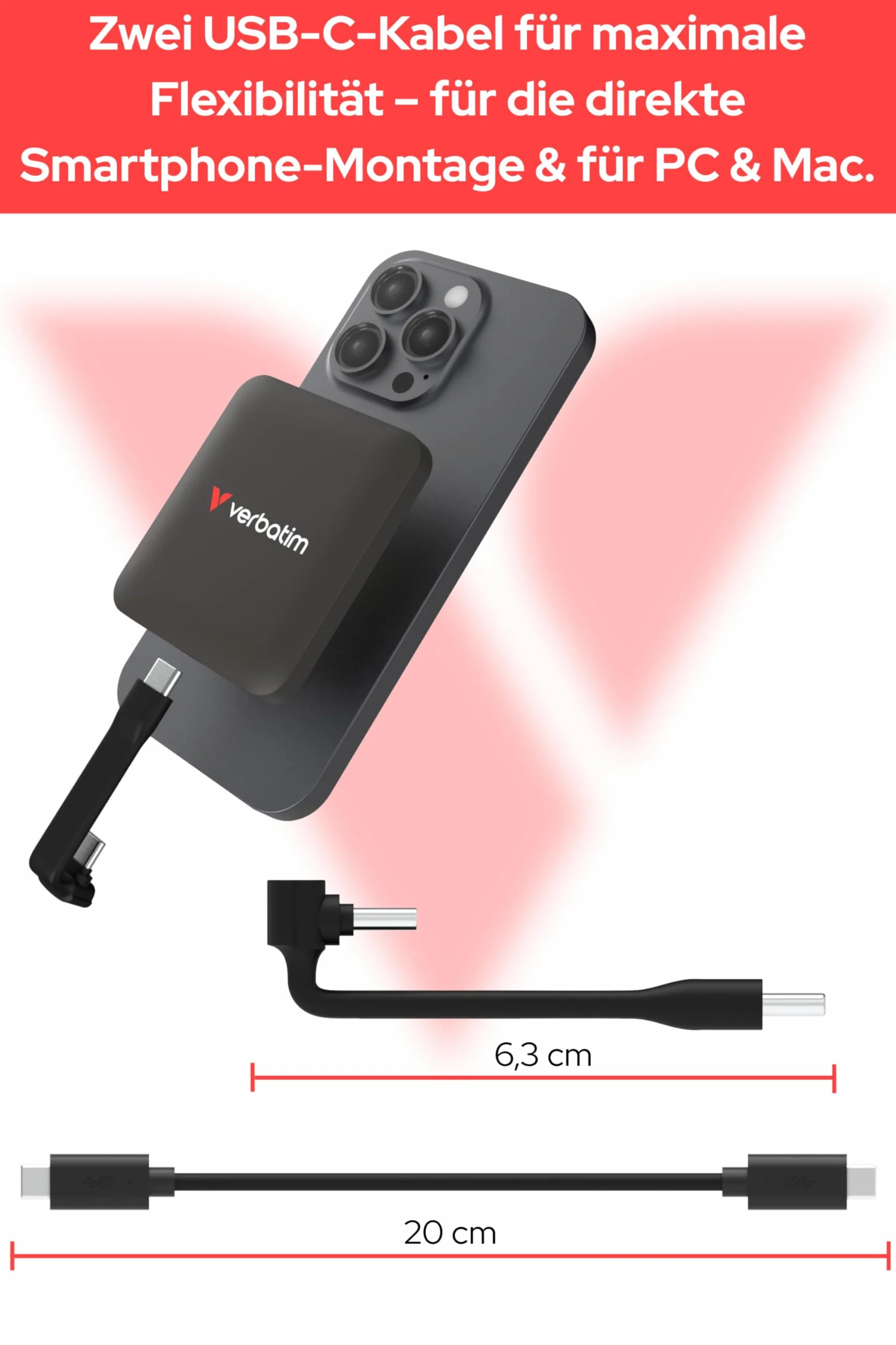 Verbatim Snapback SSD 512 GB, zewnętrzny dysk SSD, USB 3.2 Gen 2 x 2, odczyt do 1900 MB/s i zapis 1800 MB/s, przenośny zewnętrzny dysk twardy z kablem USB C 20 cm, do iPhone, Android, PC i Mac, Mocha