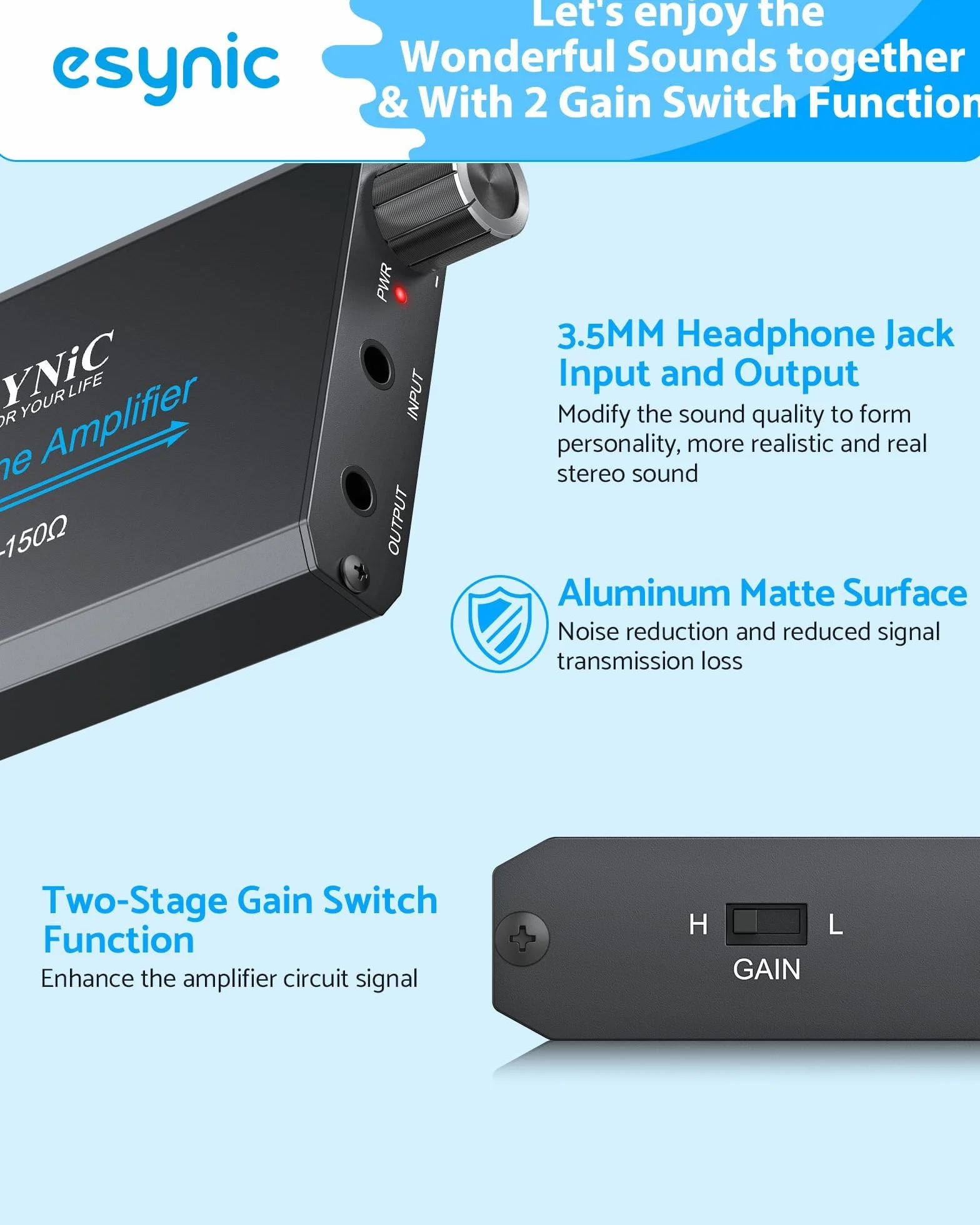 eSynic Przenośny wzmacniacz słuchawkowy, akumulator audio, cyfrowy wzmacniacz słuchawkowy HiFi, 3,5 mm, z dwustopniowym przełącznikiem wzmocnienia, kablem USB i aluminiową matową powierzchnią do