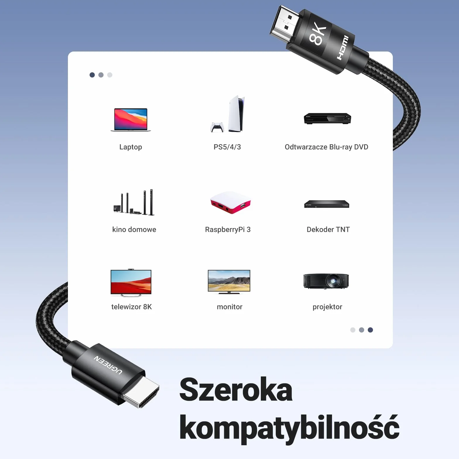 UGREEN Kabel HDMI 2.1 8K 4K Nylon 2M Obsługuje Dolby, HDR10+, eARC, 3D, kompatybilny z PS5