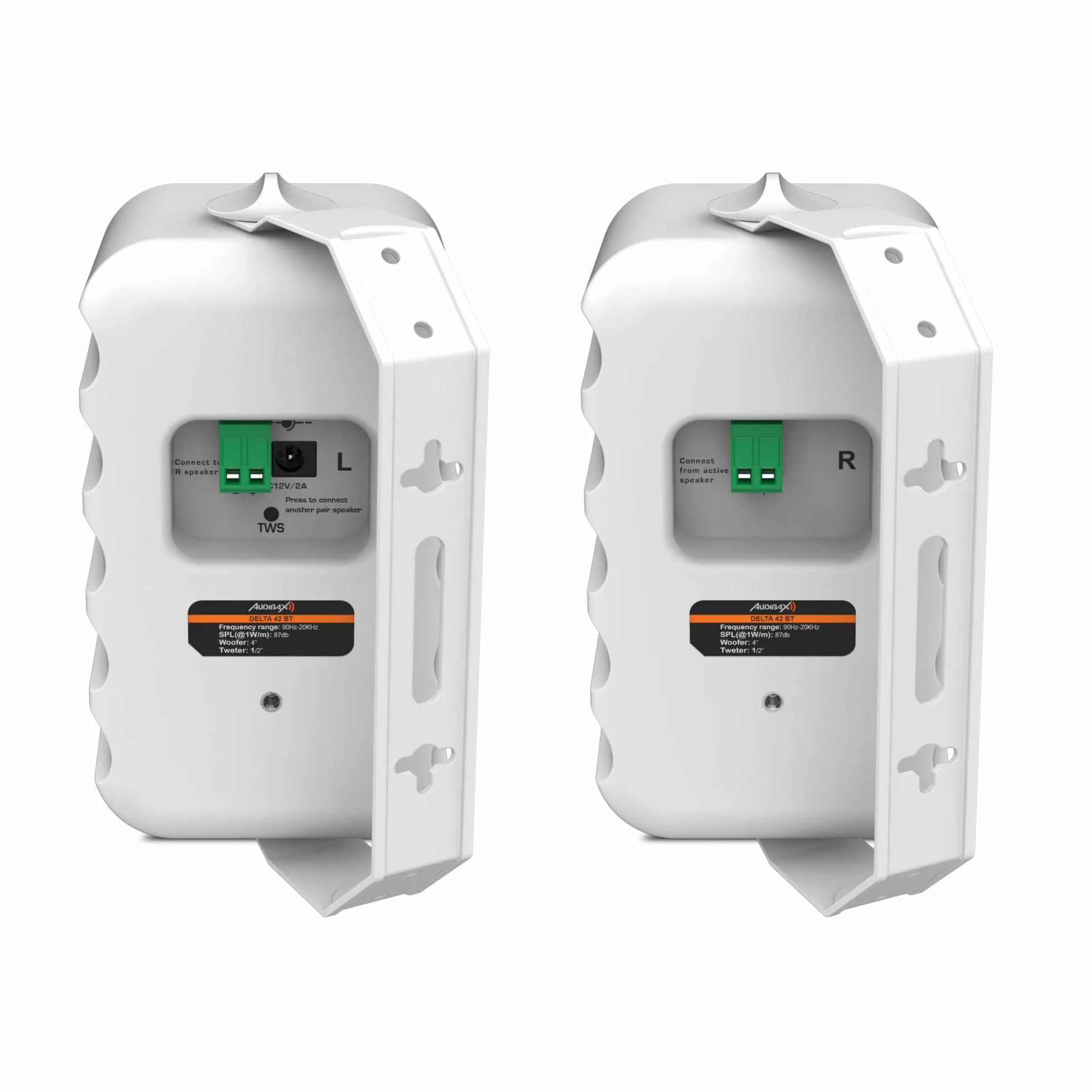 Audibax Delta 52 BT White Bluetooth Speaker Couple, wysokowydajne, aktywne głośniki ścienne - kompatybilne z Bluetooth - wysoki zakres częstotliwości (80 Hz-20 kHz) - dźwięk przestrzenny