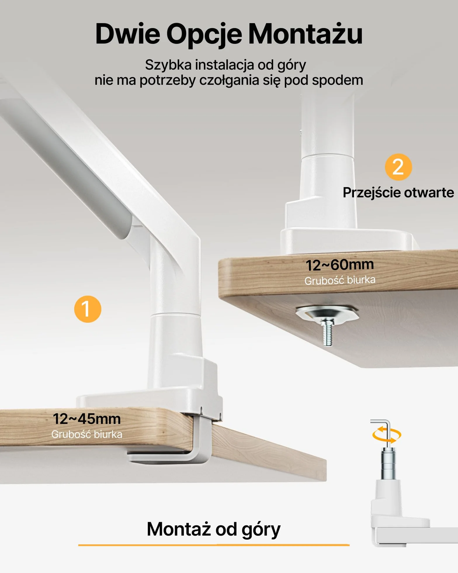 monTEK Wytrzymałe ramię do monitorów ultrapanoramicznych 17–57” do 27 kg | Aluminiowy uchwyt na jeden monitor z opcjami montażu na zacisk C lub przez otwór w blacie, VESA 75 mm/ 100 mm, Biały