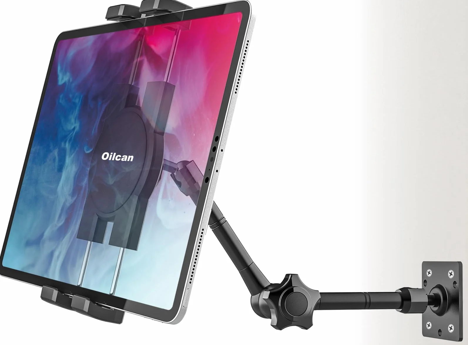 Oilcan Uchwyt ścienny na tablet, wielokątny uchwyt ścienny na tablet [regulowane aluminiowe ramię] do pokoju kuchni salonu detalicznego, kompatybilny z iPadem Pro Air Mini, Galaxy Tab, Lenovo, Phone,