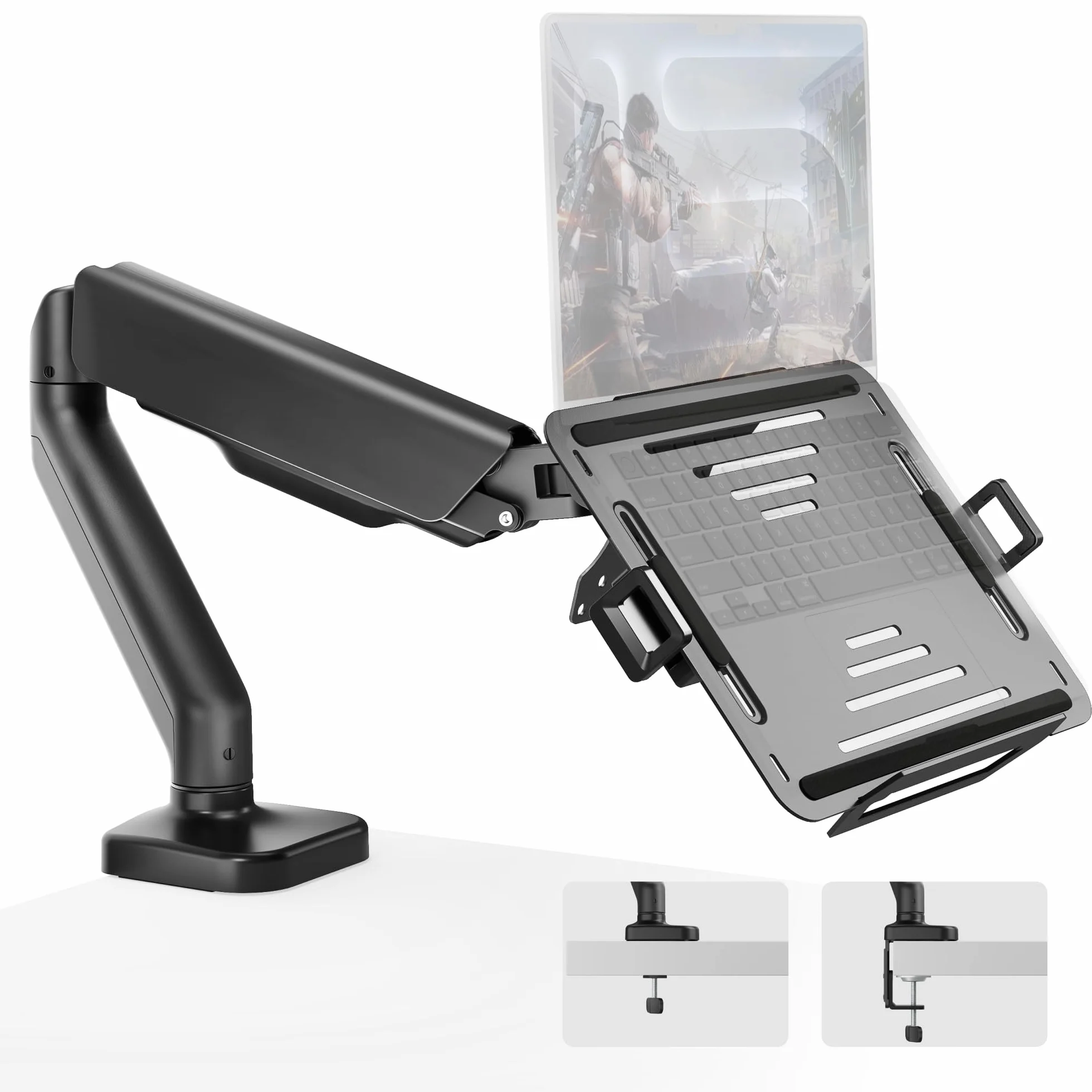 monTEK Uchwyt do Monitora i Laptopa 2 w 1, Regulowane Ramię do Monitora 17–32" i Laptopa 12–18", VESA 75x75/100x100, Mocowanie Zaciskowe lub Przelotowe, Czarny