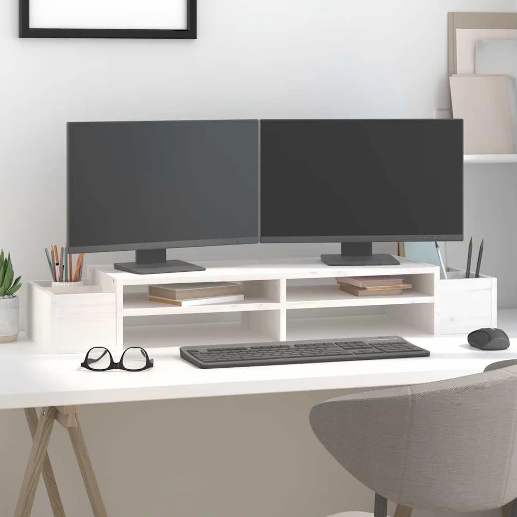 Hothingwell Stojak na monitor z litego drewna sosnowego, biały, 100 x 27,5 x 15 cm, podwyższacz ekranu z 4 bocznymi przegródkami do przechowywania na klawiaturę i akcesoria, stabilna rama redukująca