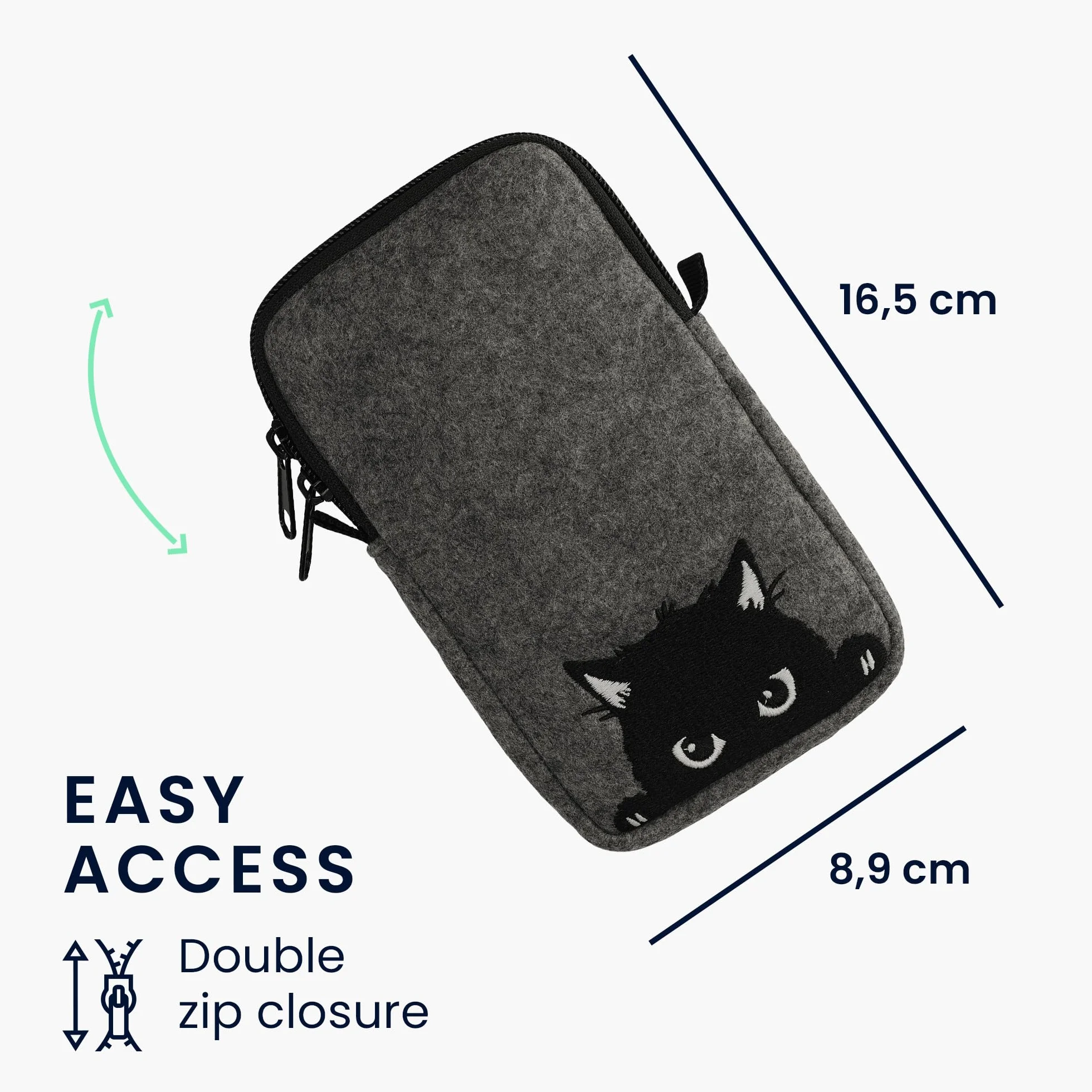 kwmobile Filcowa torba na telefon z wzorem L - 6,5 cala - uchwyt na pasek 16,5 x 8,9 cm - ciekawy kot szary/czarny