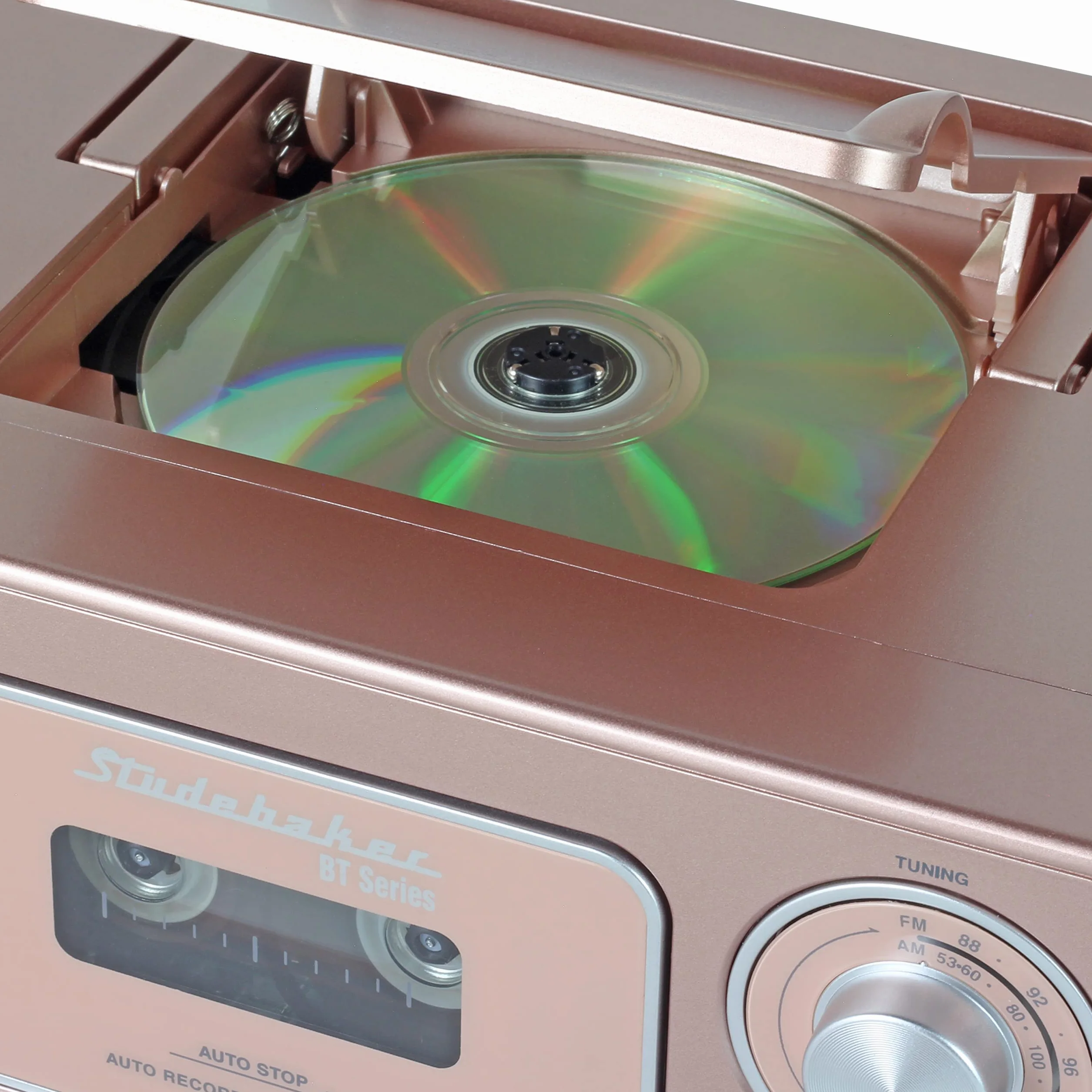 Przenośny odtwarzacz CD stereo z Bluetooth, radiem stereo AM/FM i odtwarzaczem kasetowym/nagrywarką (różowe i złote)