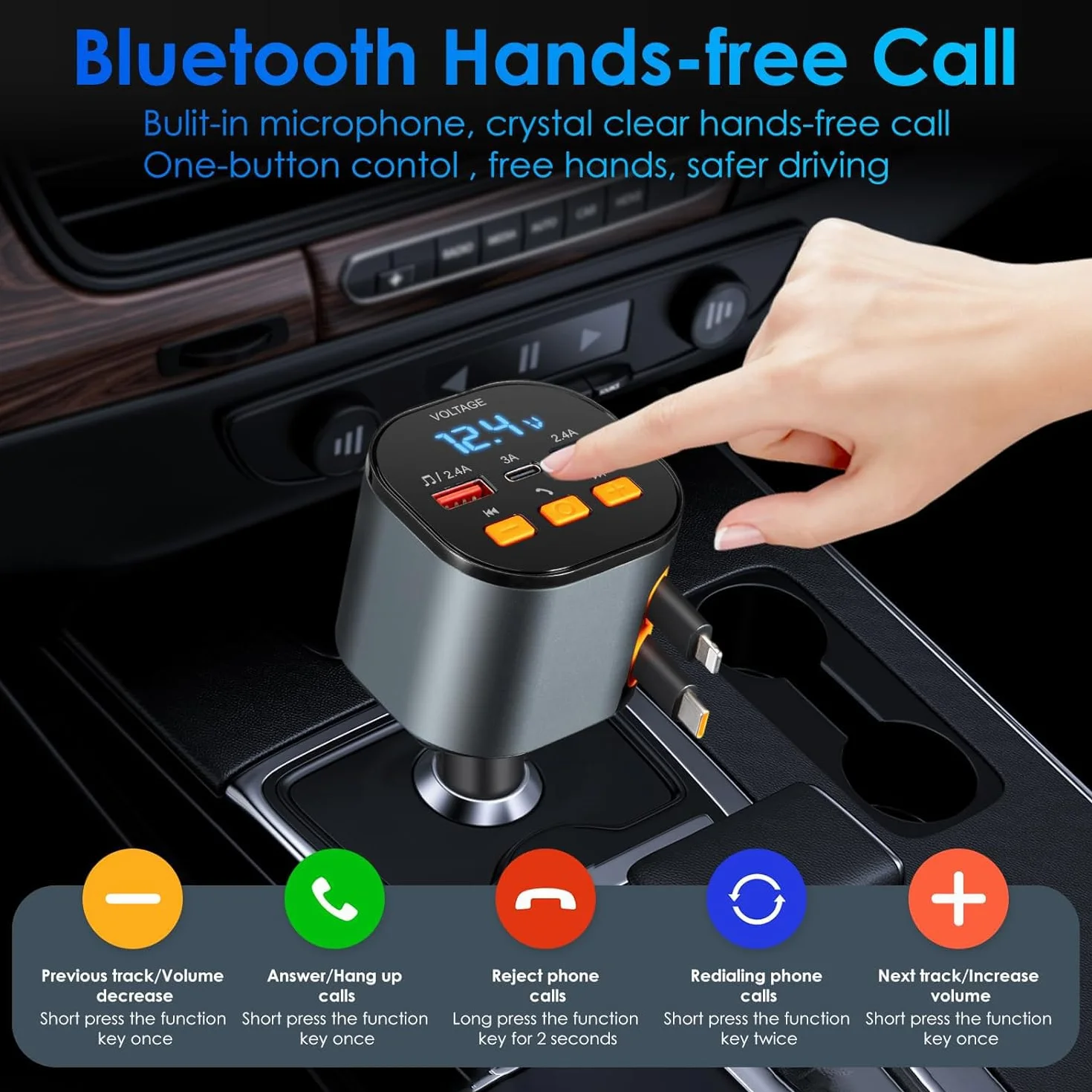 Wysuwana ładowarka samochodowa, szybka ładowarka do telefonu 5 w 1, szybka ładowarka do telefonu 90 W, adapter nadajnika FM Bluetooth 5.3, połączenia bez użycia rąk, 2 chowane kable i ładowarki USB do