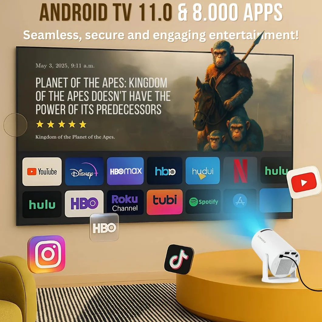 Hy300Pro + mini projektor 1080p Full HD Smart z systemem Android 11, WiFi 6 i Bluetooth 5.2, przenośny mini projektor kina domowego, obsługa 4K