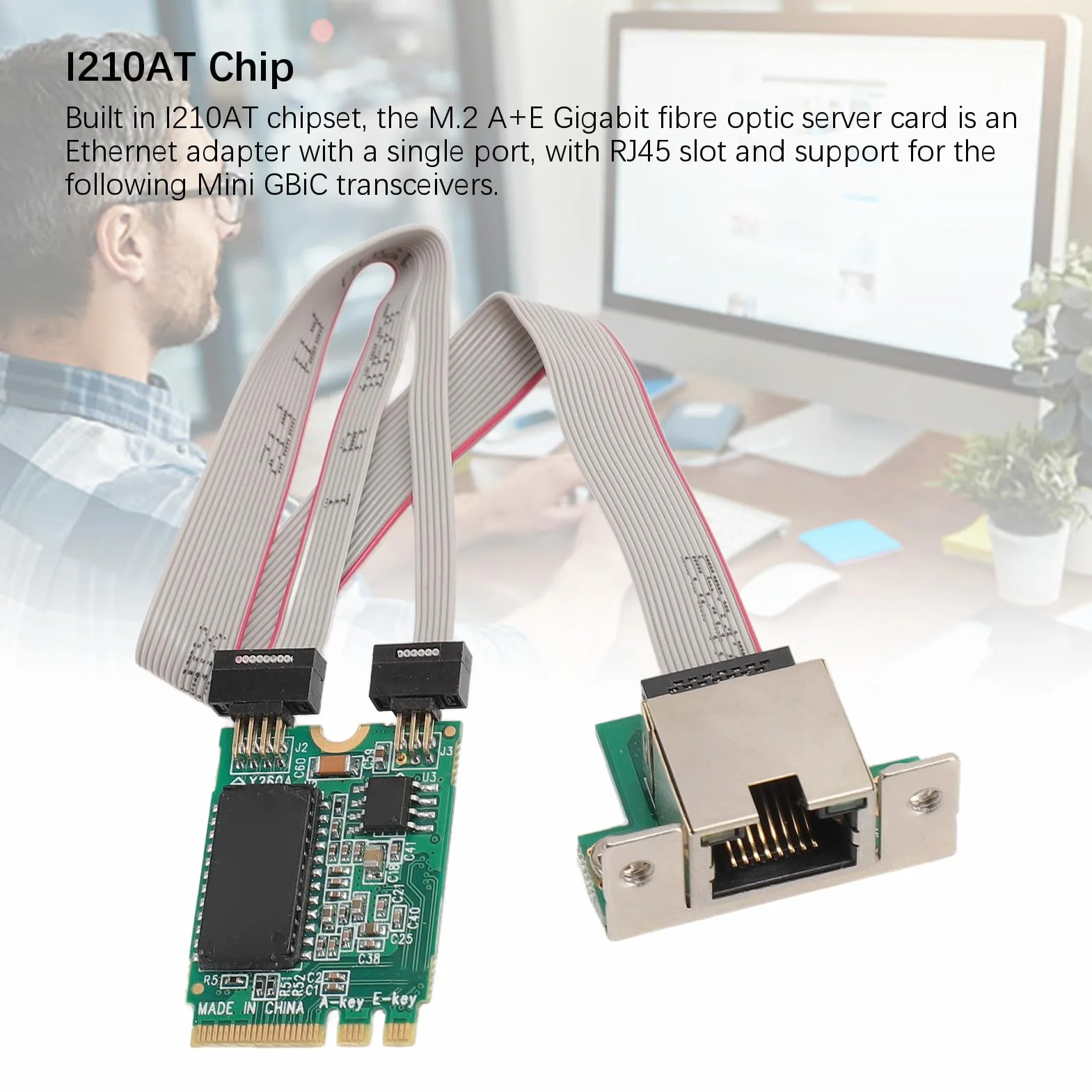 Karta Sieciowa M.2 A + E, 1000/100/10Mbps z Wygiętym Pinem Gigabit Ethernet, Pojedynczy Port Serwerowa Karta Sieciowa RJ45 z Chipem I210AT do Komputera