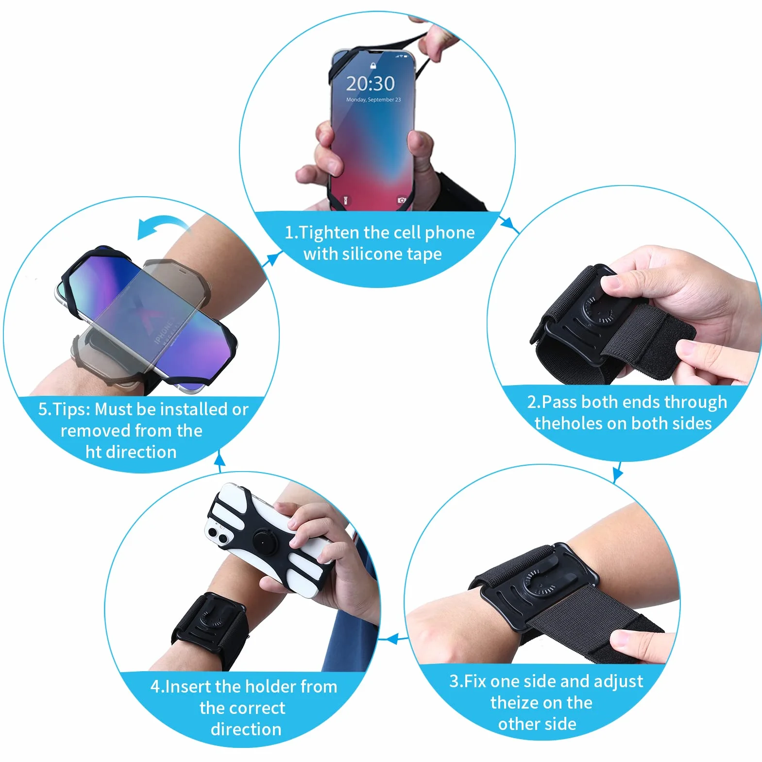 Nadgarstek i opaska 2 w 1: Uniwersalna, do smartfonów do 7 cali Obrót o 360° Kompatybilny iPhone, Samsung, Xiaomi - Czarny