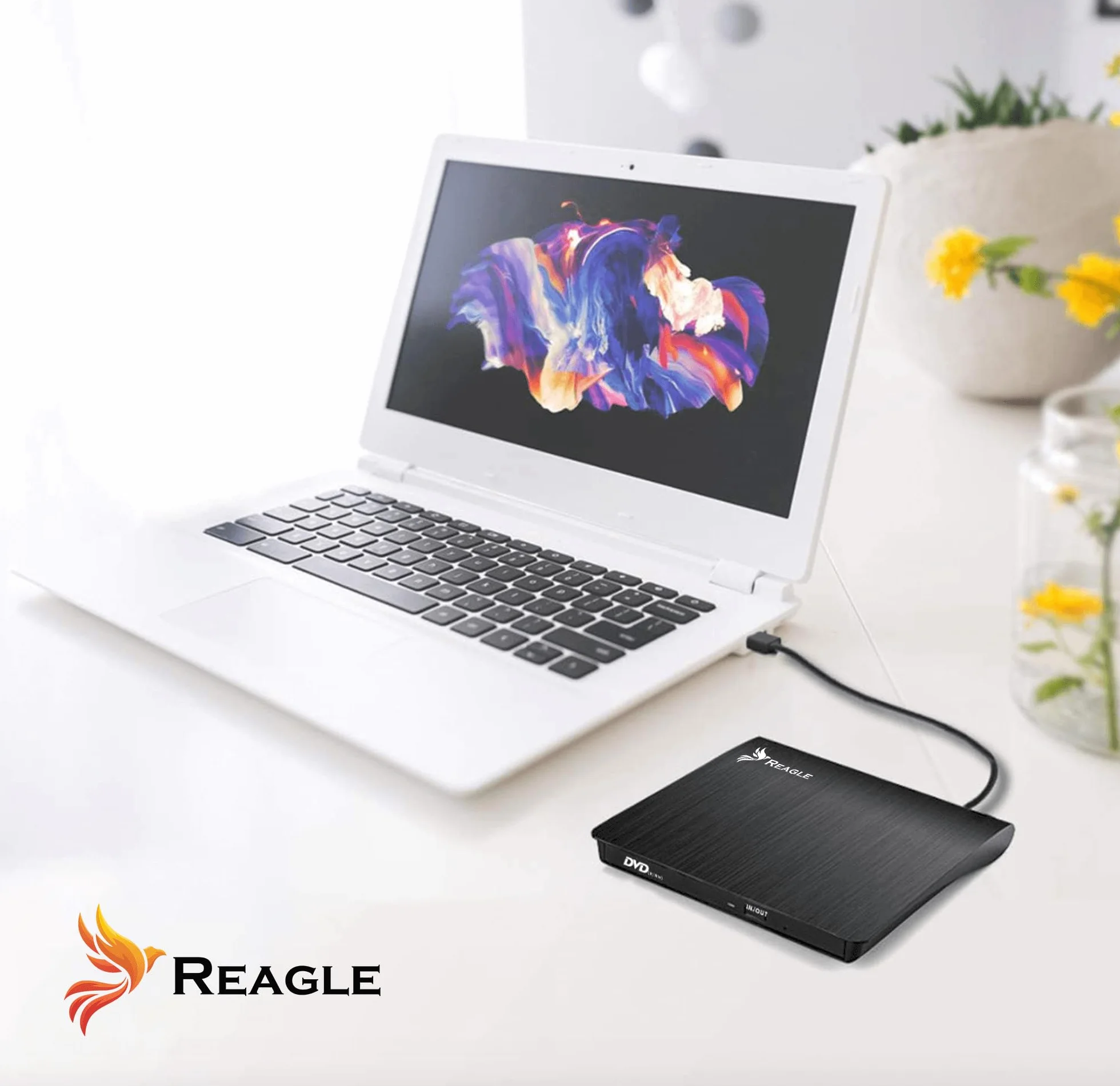 Reagle Zewnętrzny napęd CD/DVD USB-C i USB-A 2 w 1, zewnętrzny palnik i czytnik do laptopów Windows Linux Plug & Play USB 3.2 Gen 1 5 Gbps Slim Design czarny