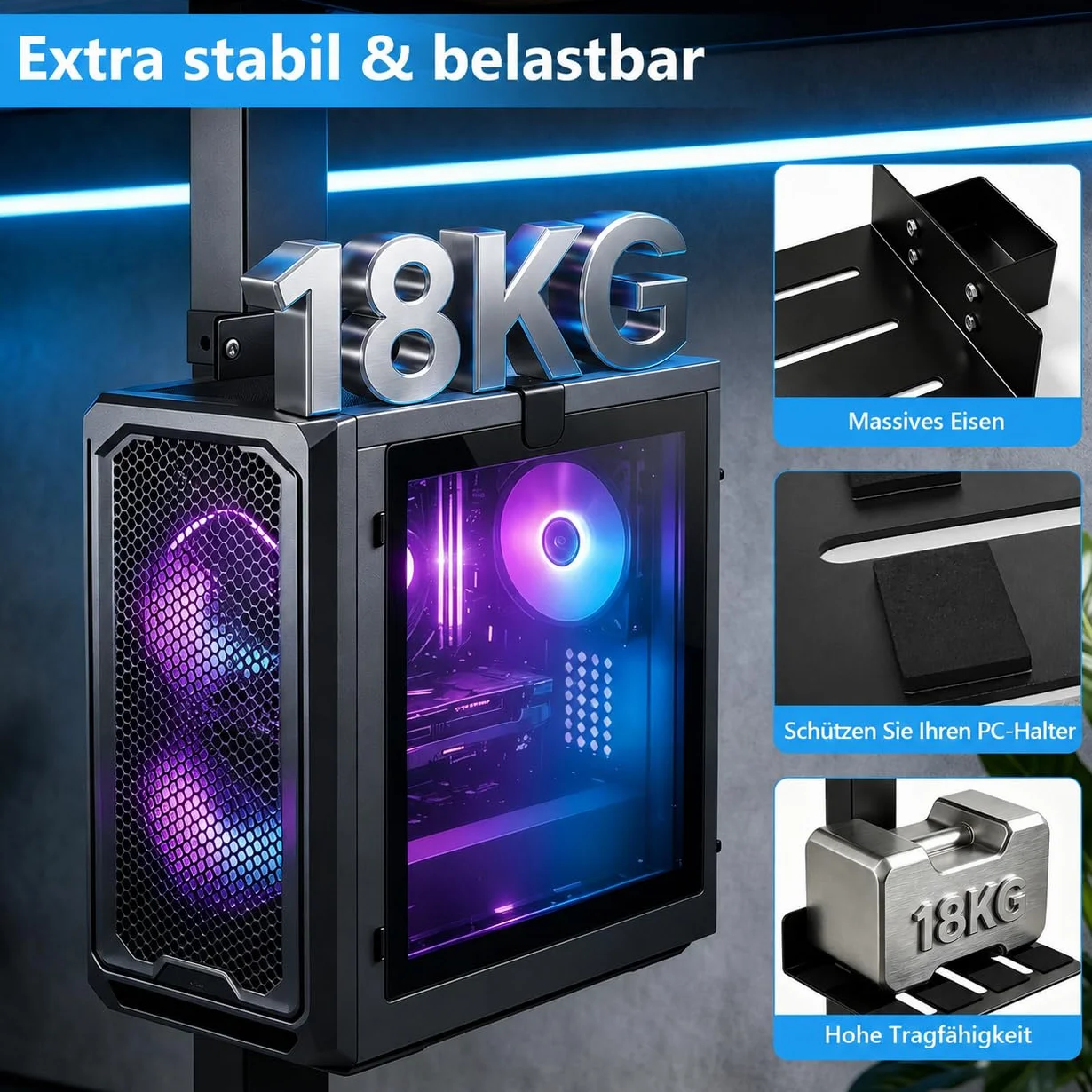 Uchwyt do komputera pod biurko, regulowany uchwyt procesora bez wiercenia do biurka z regulacją wysokości, tylko do nóg stołu 80 × 50 mm, obciążenie do 18 kg, łatwy montaż