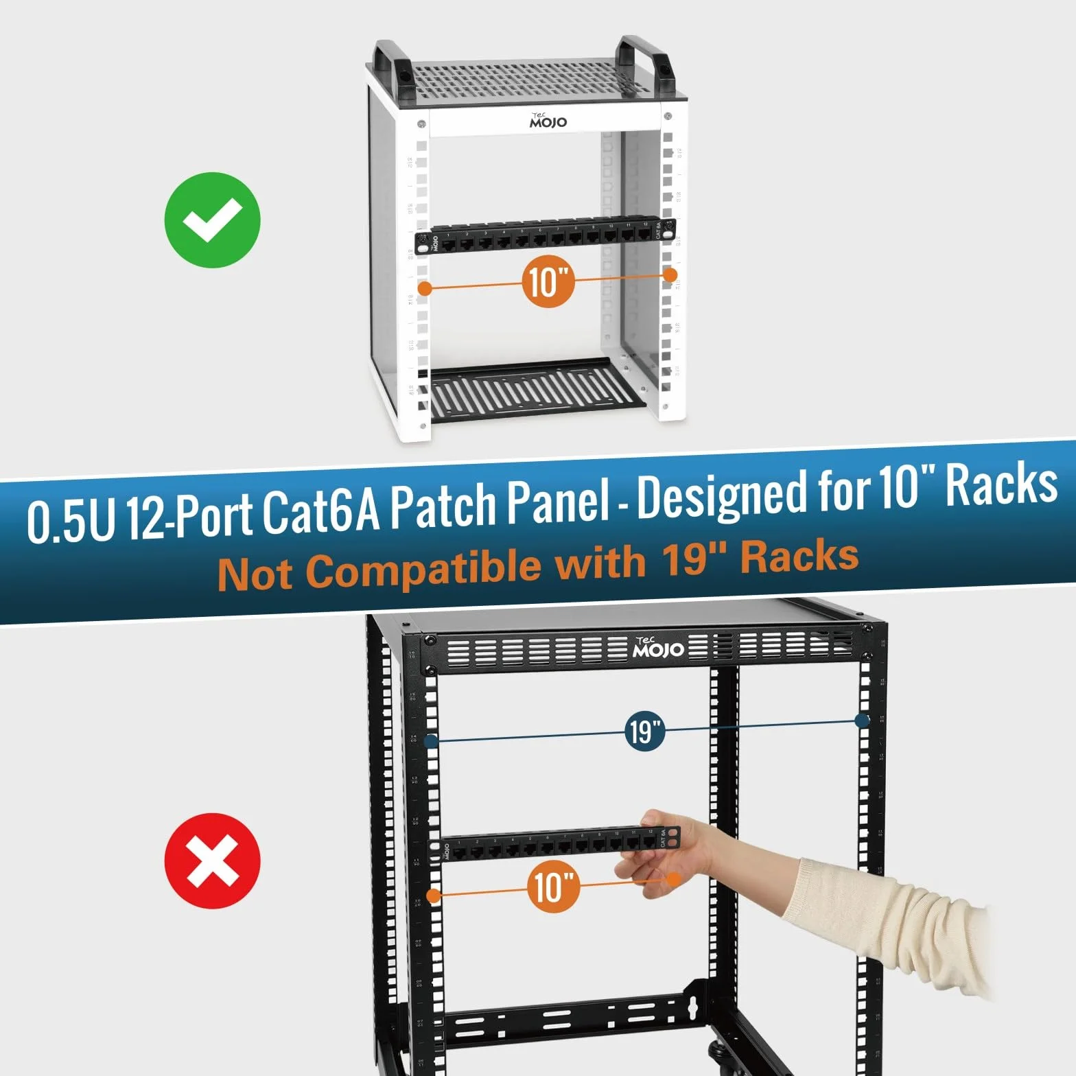 Tecmojo 10-calowy 12-portowy panel krosowy Cat6A, 0,5U panel modułowy do montażu w szafie ze złączem RJ45 Keystone, do szaf serwerowych 10 cali i szaf sieciowych, 10-Gigabit Ethernet, czarny