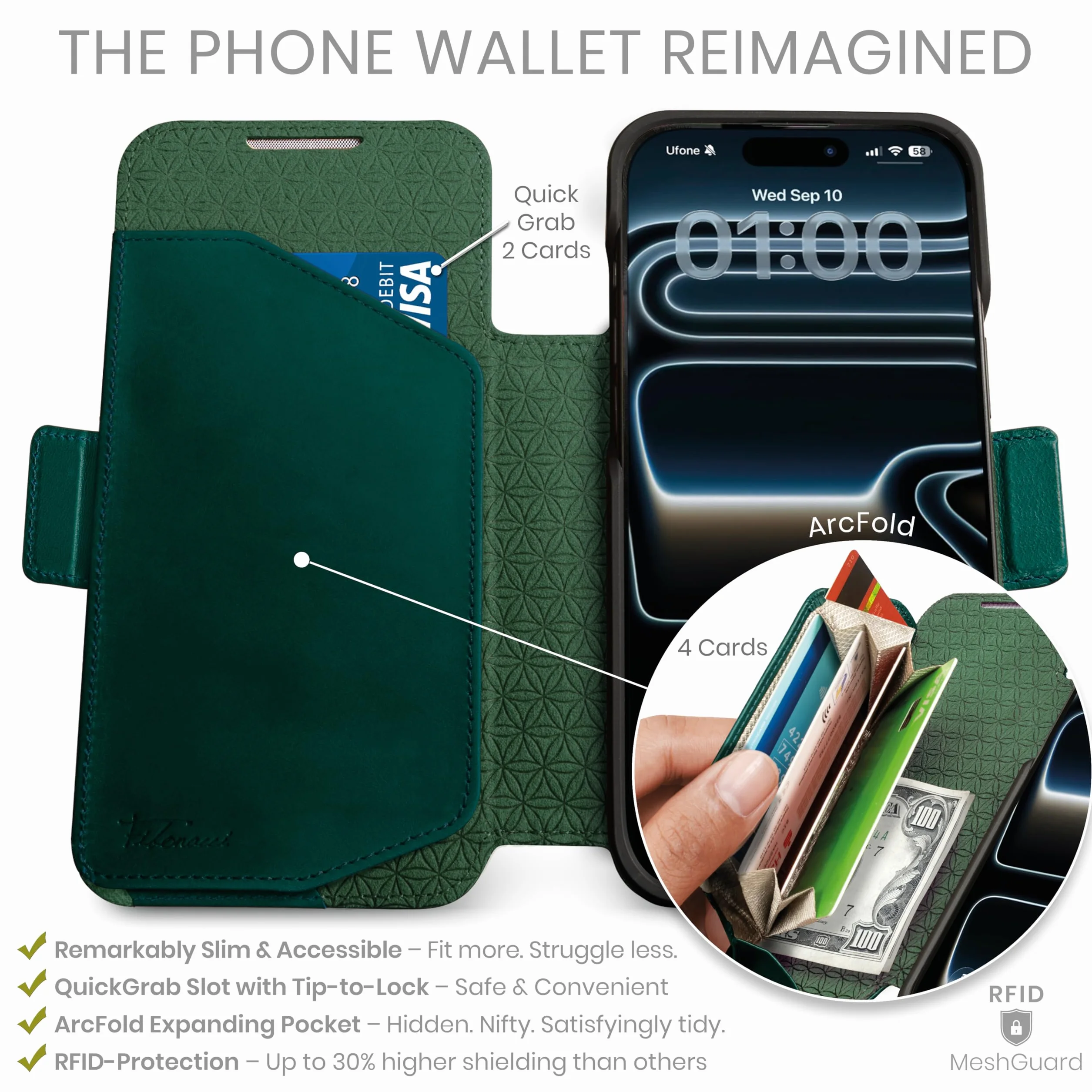 Dreem Skórzane etui do iPhone 17 Pro Max – rewolucyjny stojak i kieszeń na karty, zdejmowane etui magnetyczne, MagSafe-Ready, blokada RFID, etui portfelowe z prawdziwej skóry [Fibonacci: Dark Green]