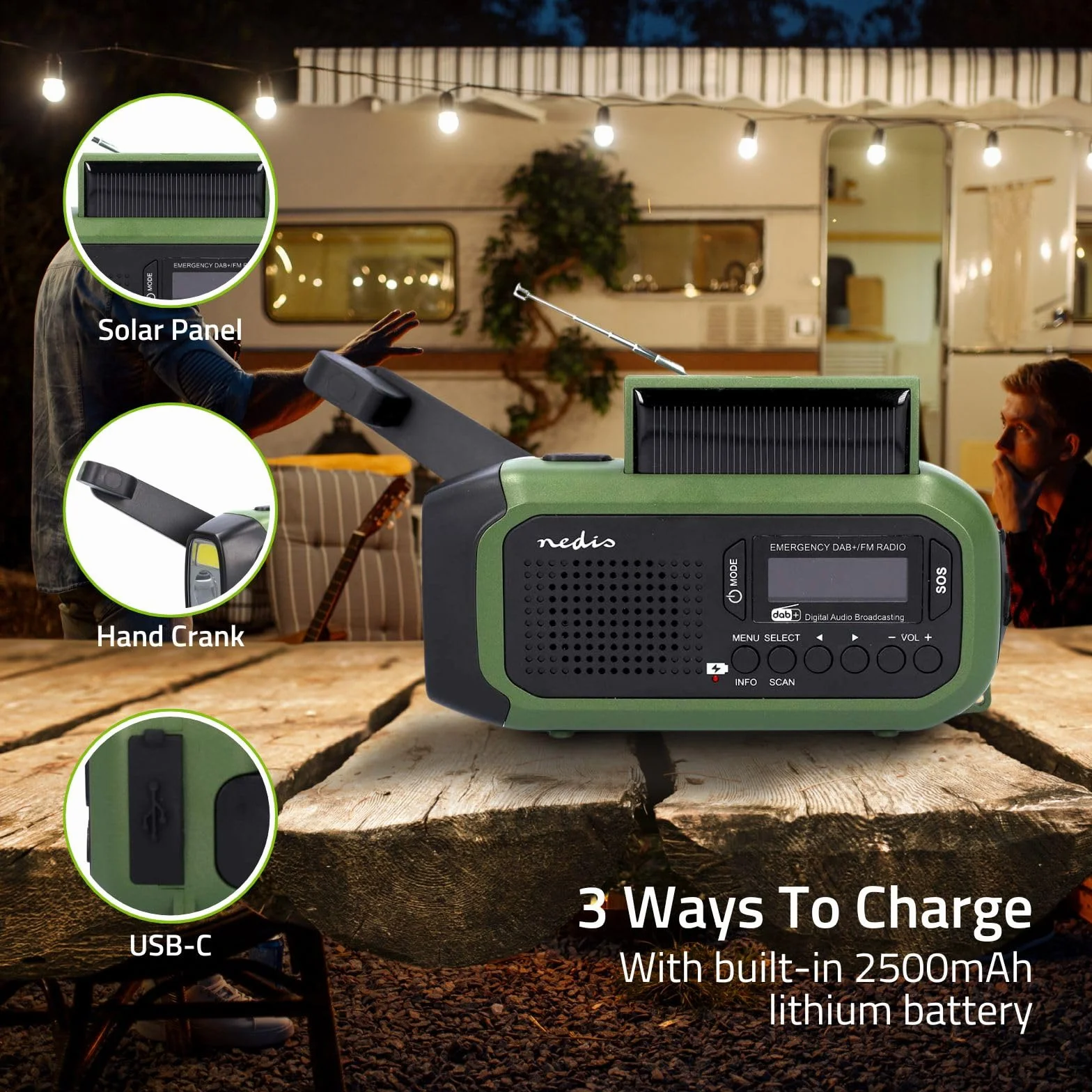Radio awaryjne – wersja przenośna – DAB+/FM – zasilanie bateryjne/korba ręczna/zasilanie energią słoneczną/zasilanie przez USB – budzik – zielony/czarny