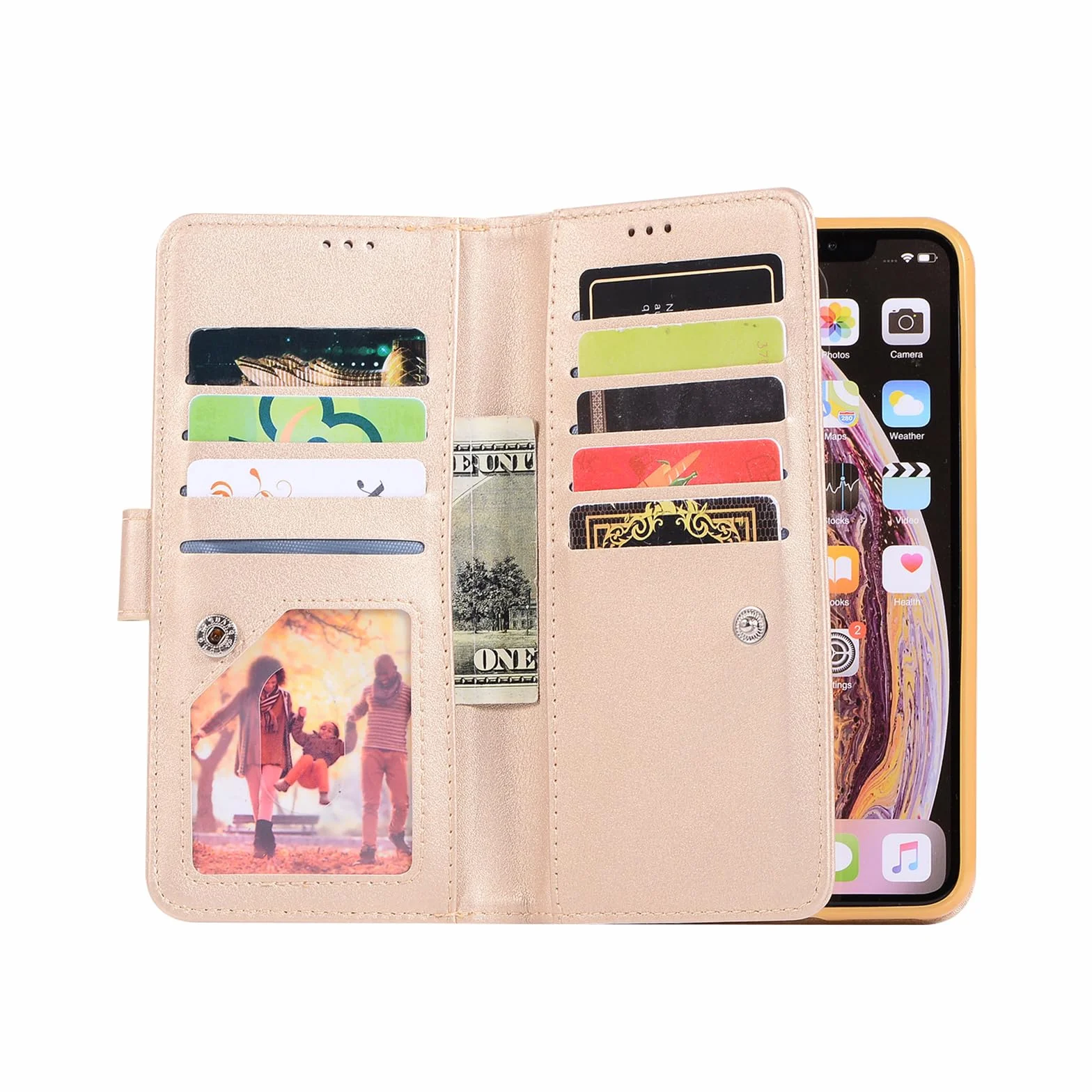 Błyszczące etui do iPhone 16 Pro Max / 16 Pro / 16 Plus/16, portmonetka na telefon komórkowy, klapka, skórzane etui z dużą przegródką na karty, złote, 16