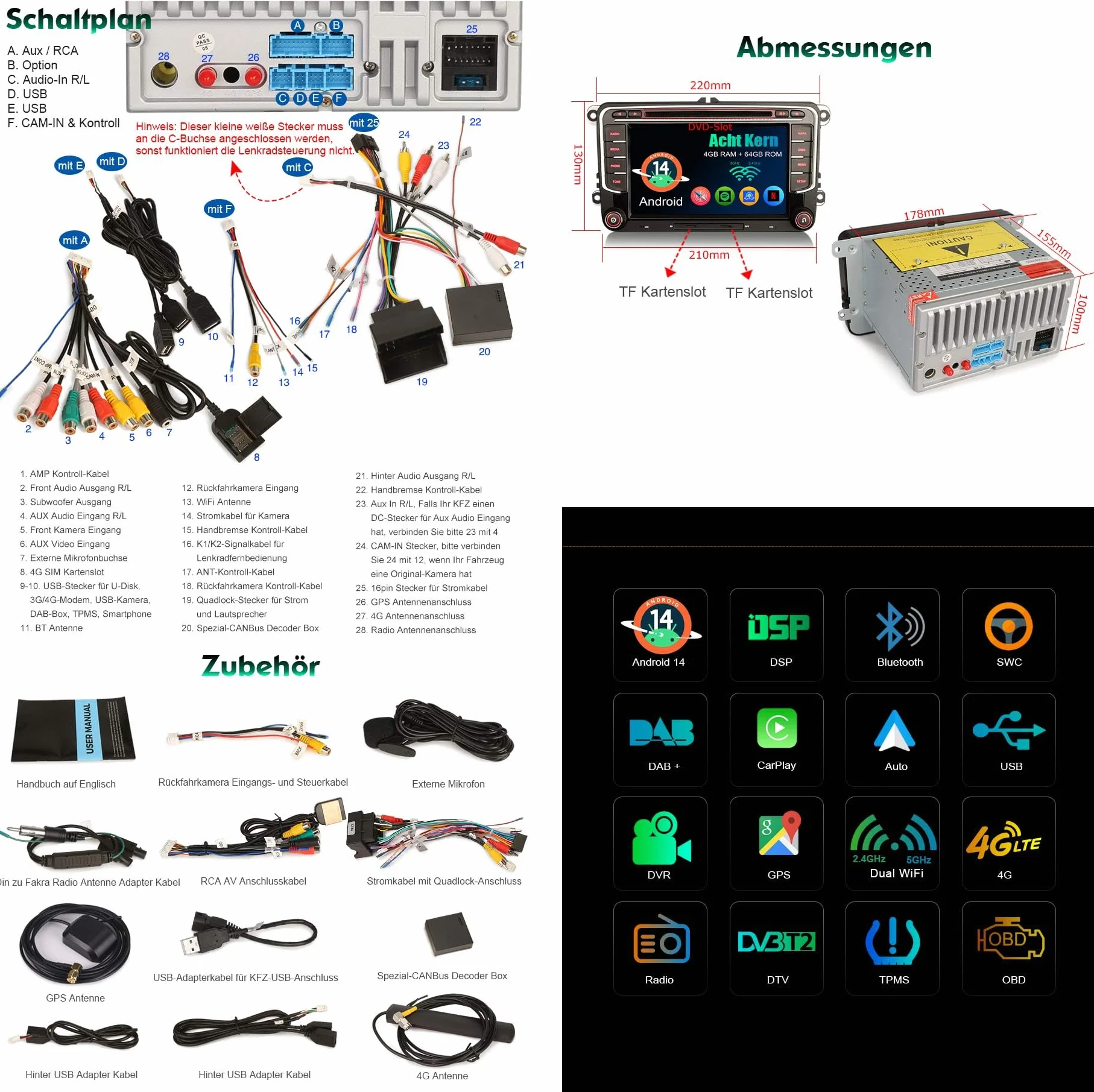 Erisin Android 16 4 GB + 64 GB 8-rdzeniowe radio samochodowe CD, Bluetooth, GPS, nawigacja do VW T6 Polo 6R Crafter Amarok, Caddy, ŠKODA Yeti, Transporter, 7 cali, ekran dotykowy IPS, obsługuje