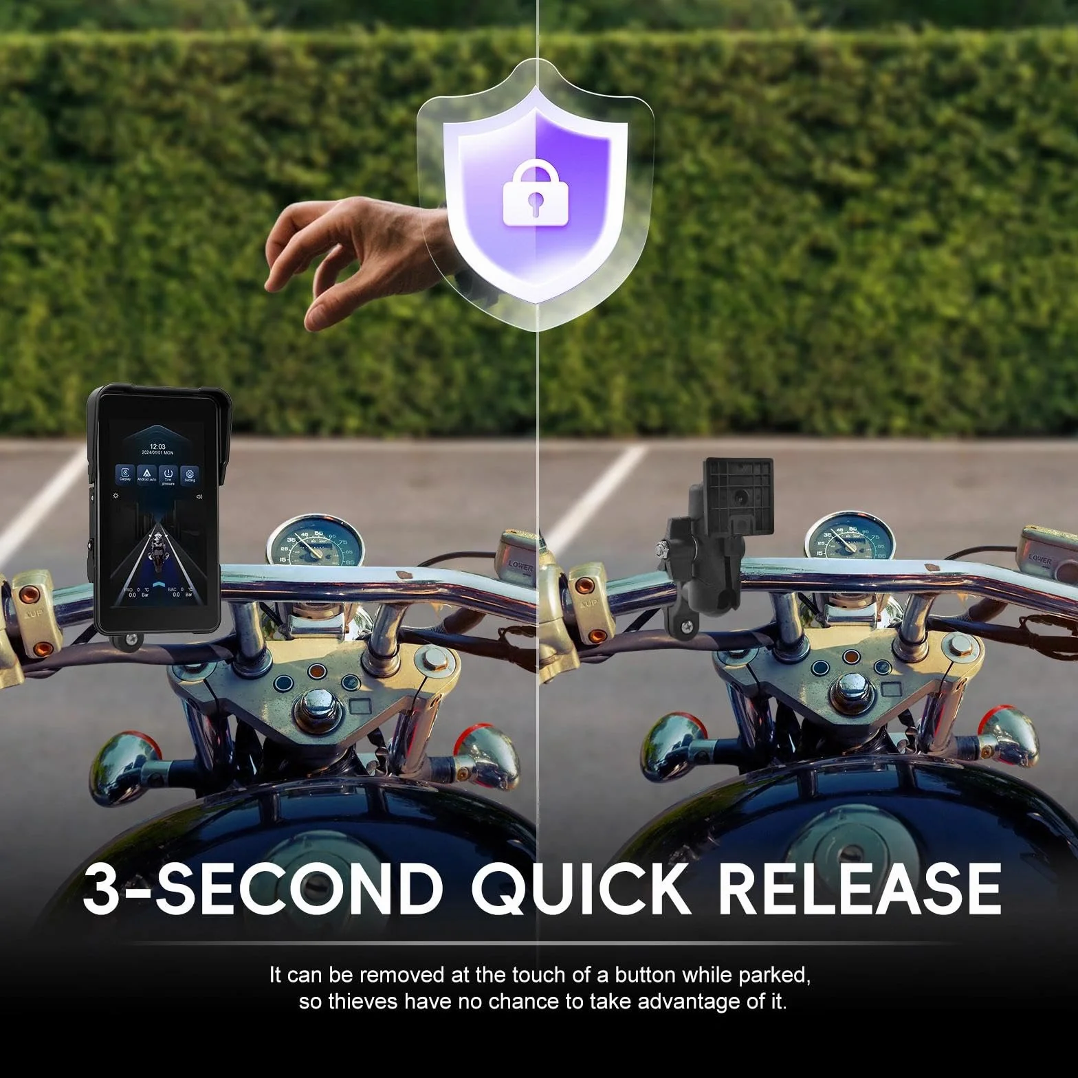 Moto CarPlay ekran do motocykli, bezprzewodowy CarPlay i Android Auto 5", wyświetlacz HD 5", wodoszczelność IP68, z Bluetooth, obsługa TPMS, zdejmowane zabezpieczenie przed kradzieżą