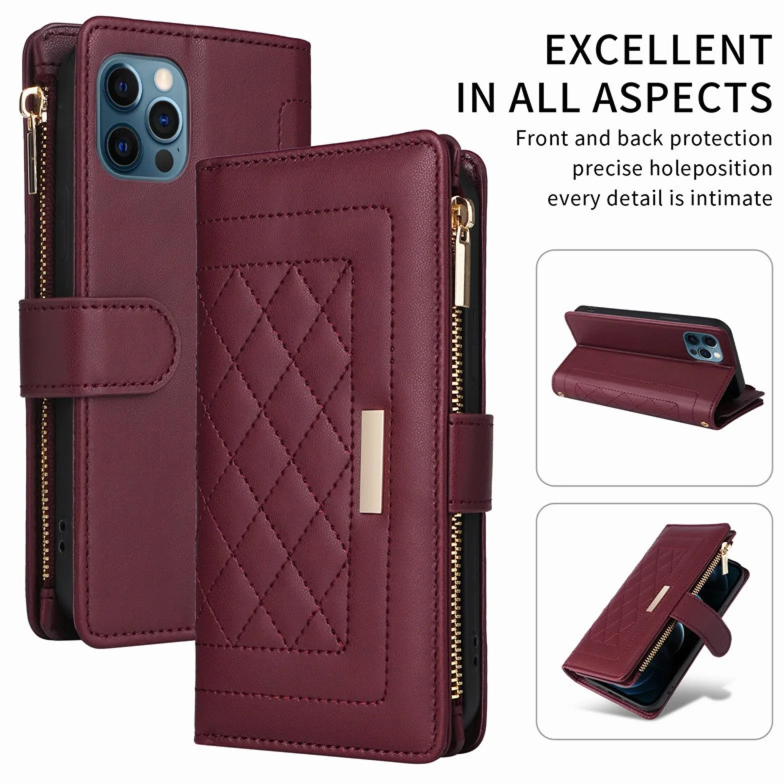 Do iPhone'a 16 Pro Max Crossbody Skórzany Portfel Zapinany Na Zamek Etui na Karty Telefony Smycz Klapka (Do iPhone'a 16 Pro Max/Czerwony)