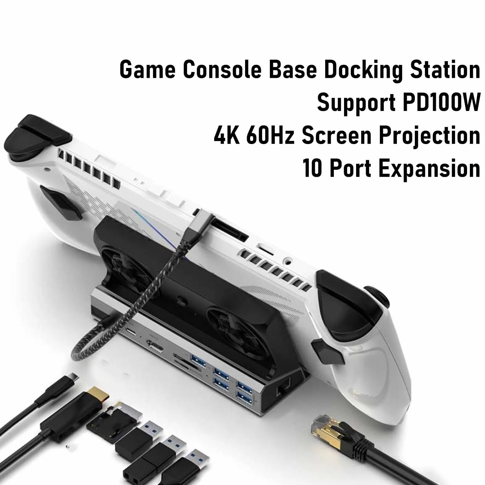 Stacja Dokująca do Przenośnej Konsoli do Gier, Koncentrator USB C 10 W 1 z 4K 2.0, Gigabit Ethernet, ładowanie PD 100 W, 5 Portów USB i Dwa Wentylatory Chłodzące, Kompatybilna z