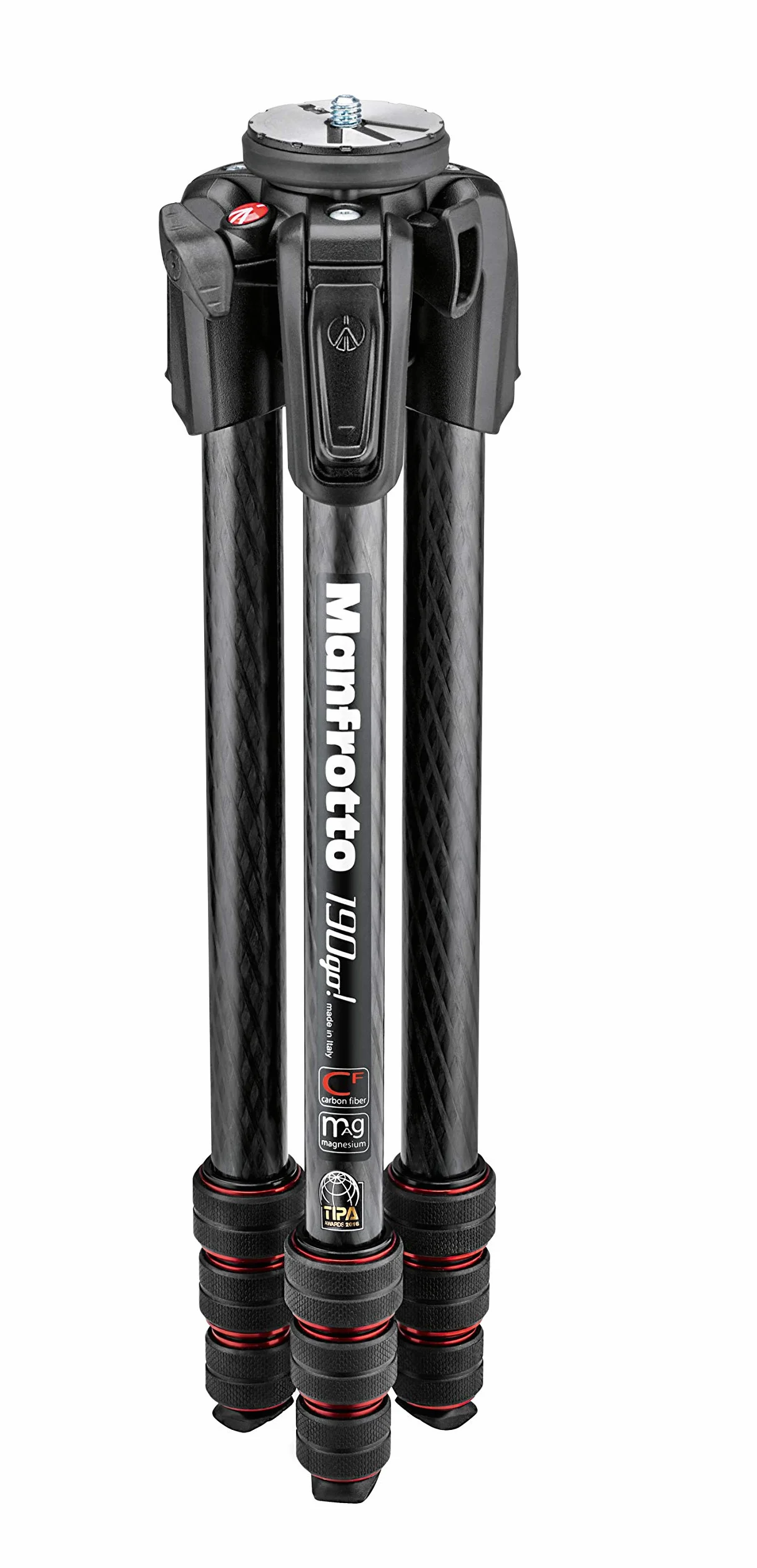 Manfrotto MT190GOC4 zestaw 190 włókno węglowe 4 sekcje aluminiowy statyw do aparatu, system szybkiego blokady zasilania. Made in Italy, do DSLR, CSC, bezlusterkowy czarny