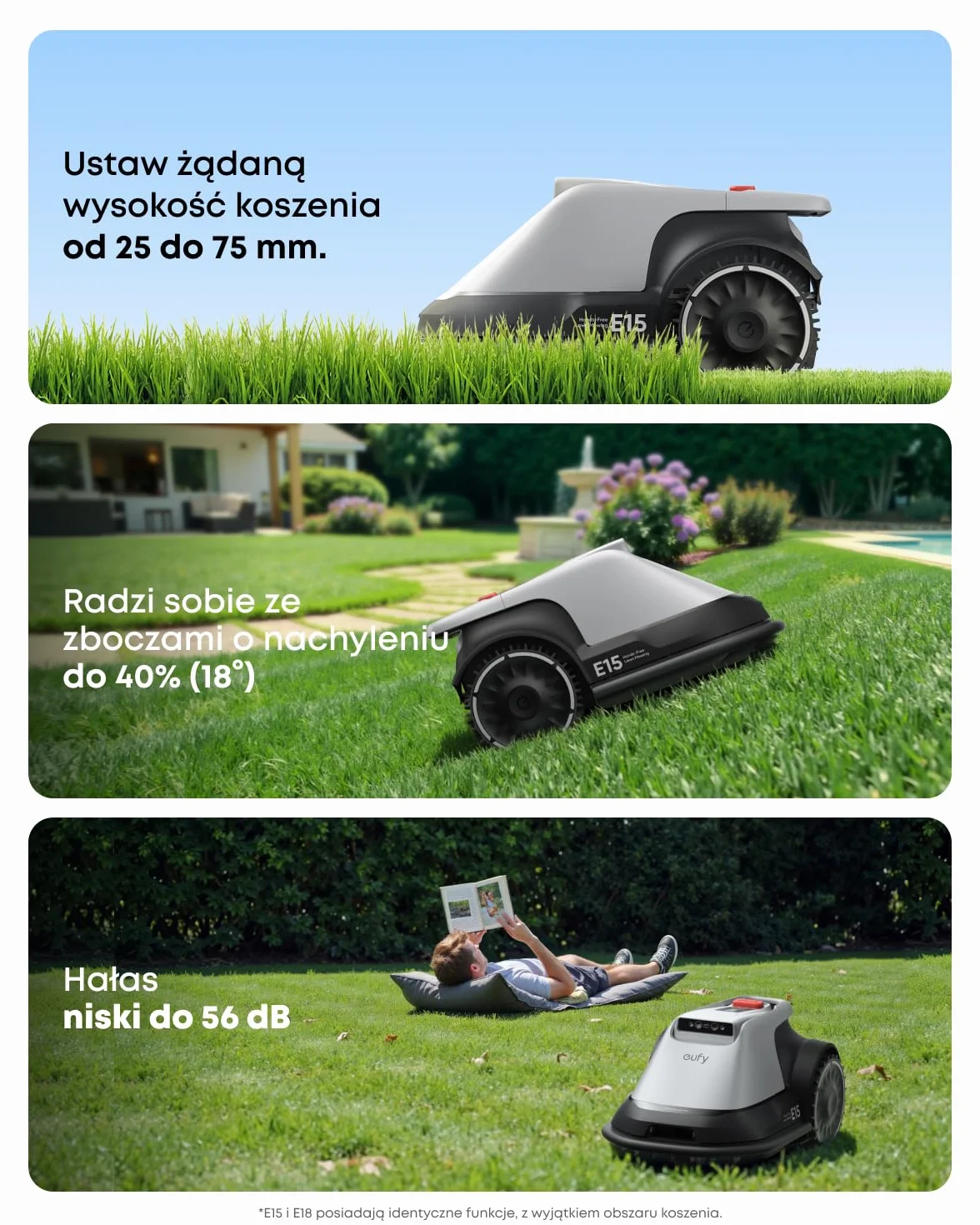 eufy E15 Automatyczna kosiarka bezprzewodowa TrueVision AI nawigacja do 800m²