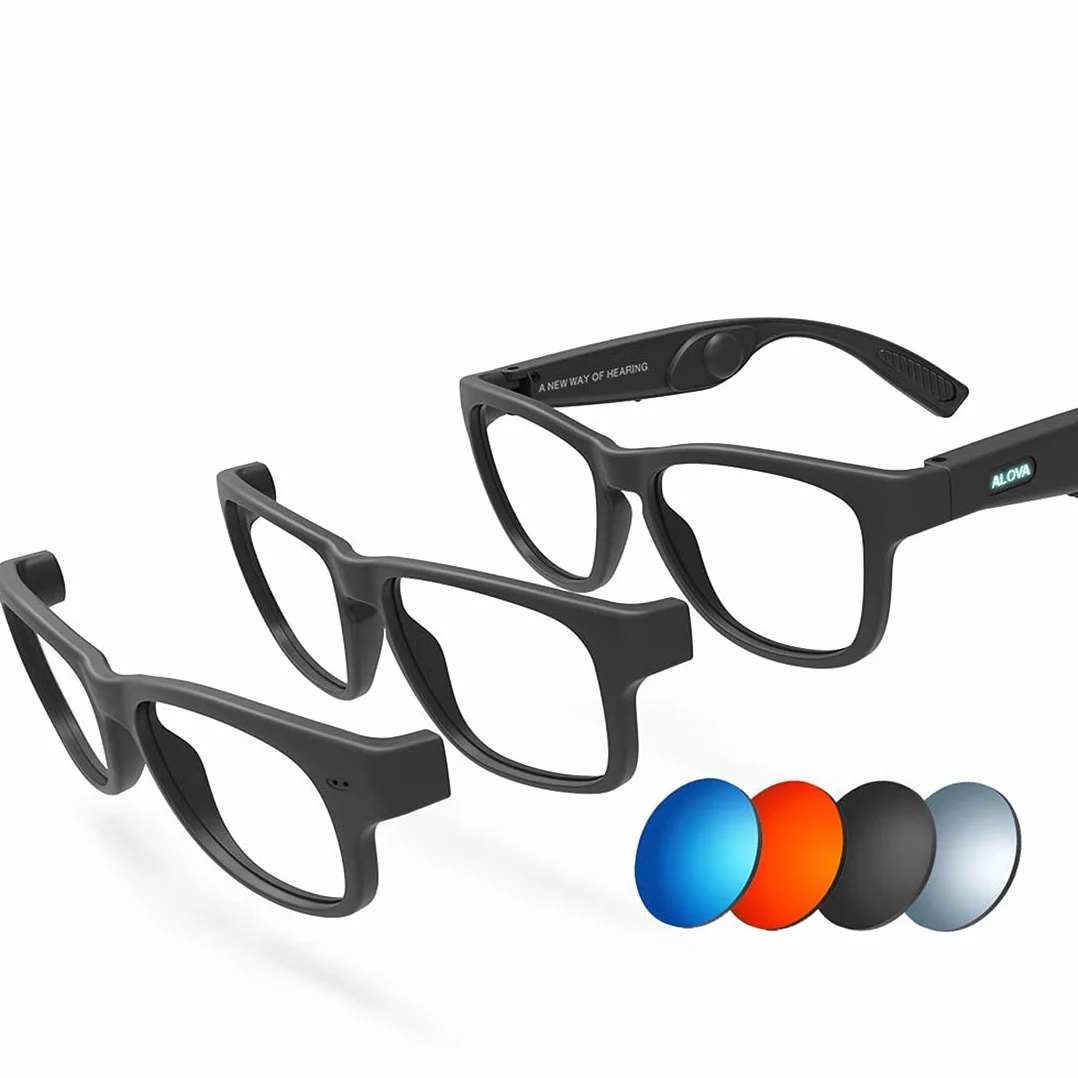 Okulary przeciwsłoneczne przewodzące kości z słuchawkami dousznych, inteligentne okulary podwójne parowanie bluetooth, dla kobiet i mężczyzn (anty Blue Ray),Black