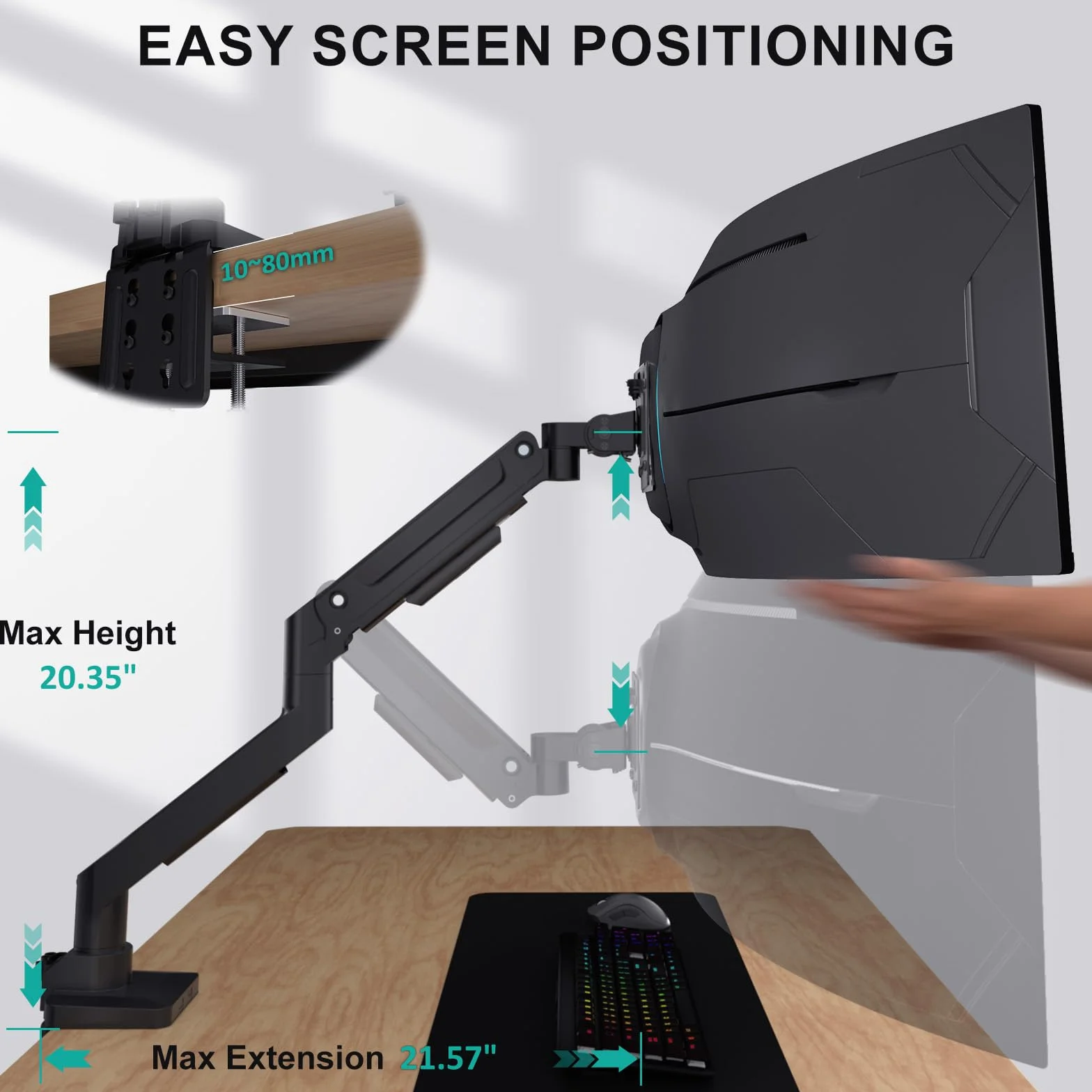 WALI Ramię ze sprężyną gazową z pojedynczym monitorem do ultrawide ekranu do 35 cali i 15 kg, wytrzymały stojak na monitor, w pełni regulowany uchwyt na biurko, VESA 75 i 100 mm, czarny (GSM001XL)