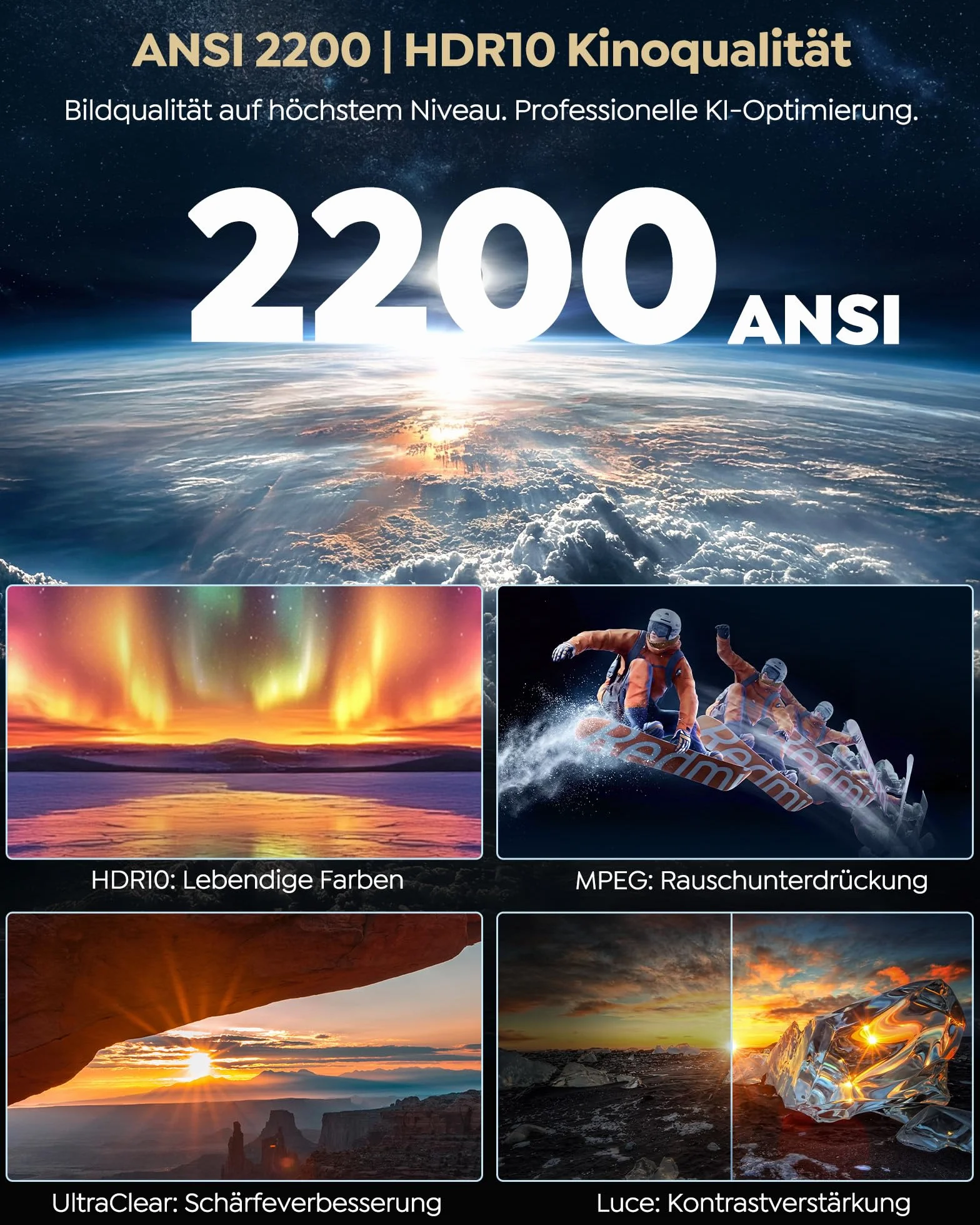 Projektor 4K | Jasność 2200 ANSI |Google TV 14.0 Zintegrowany | Dolby Audio 40W | Projektor natywny FHD 1080P, automatyczne ustawianie ostrości i kalibracja AI, 2+32 GB, HDMI 2.1, MEMC HDR10 do kina