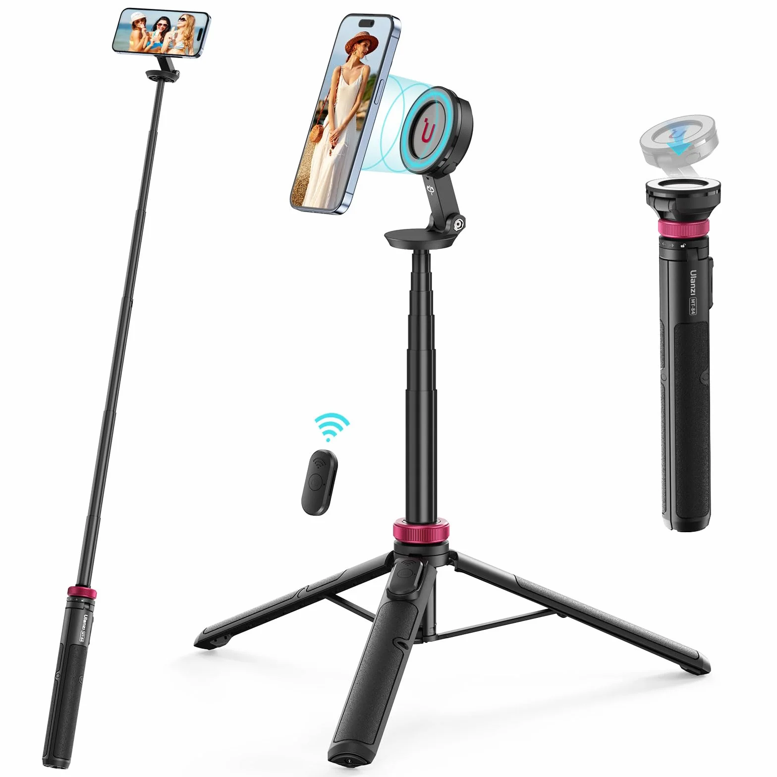 ULANZI MT-84 Magnetyczny kij do selfie 153 cm, Statyw do telefonu z pilotem do iPhone'a serii 16/15/14/13/12, Wysuwany statyw do telefonu komórkowego, Przenośny uchwyt do iPhone'a do Selfie/zdjęć/Vlog
