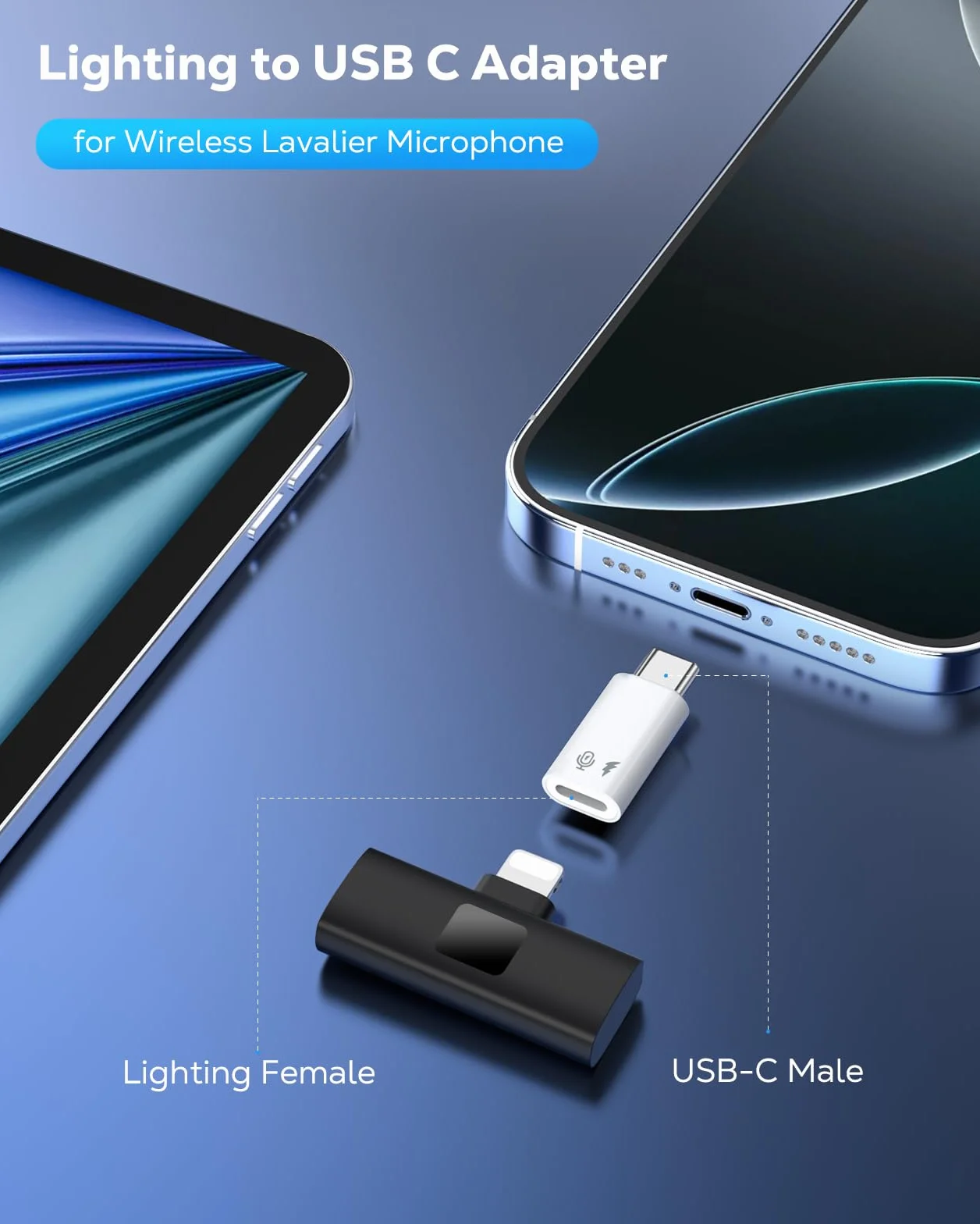 MoKo Lightning to USB C Microphone Adapter 2 Pack (Not for Headphone/Data), USB C Male to Lightning Female Adapter for Wireless Lavalier Microphone for iPhone 17 Air 16 15 Pro Max Plus, iPad Pro/Air