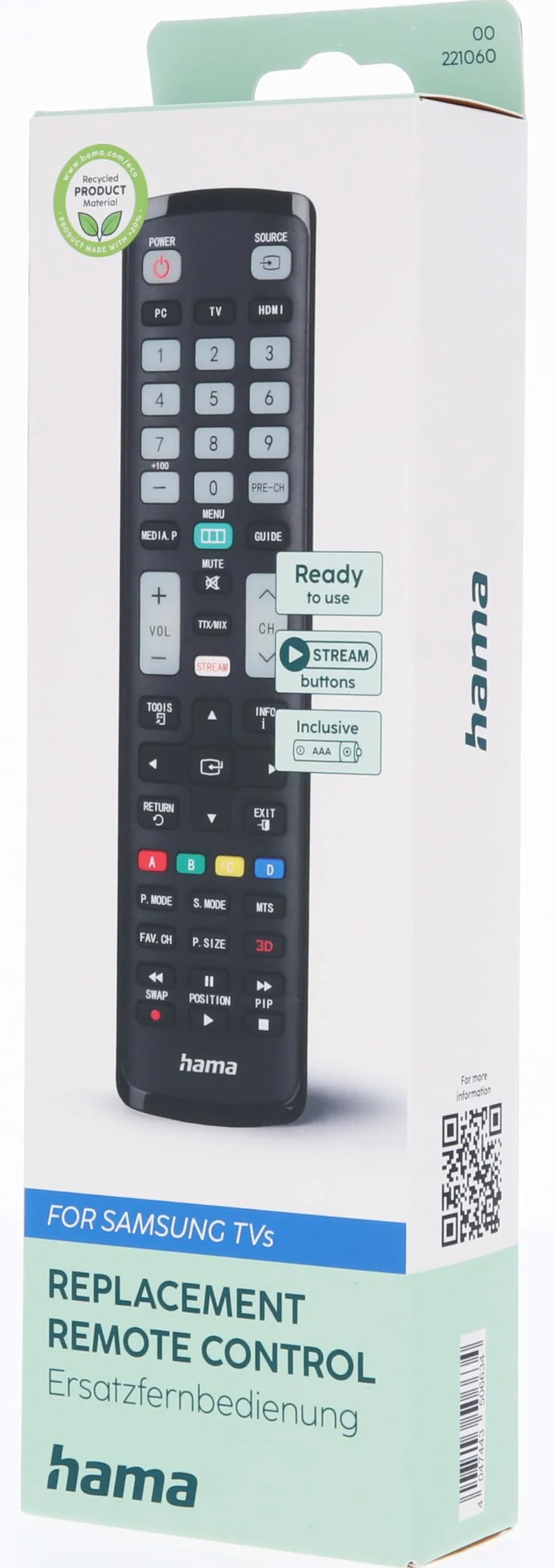 Hama uniwersalny pilot do telewizorów Samsung (podczerwień, gotowy do użycia, tryb uczenia się, luminescencyjne przyciski, tryb dla seniora, zasięg 10 m, 2x baterie AAA w zestawie)