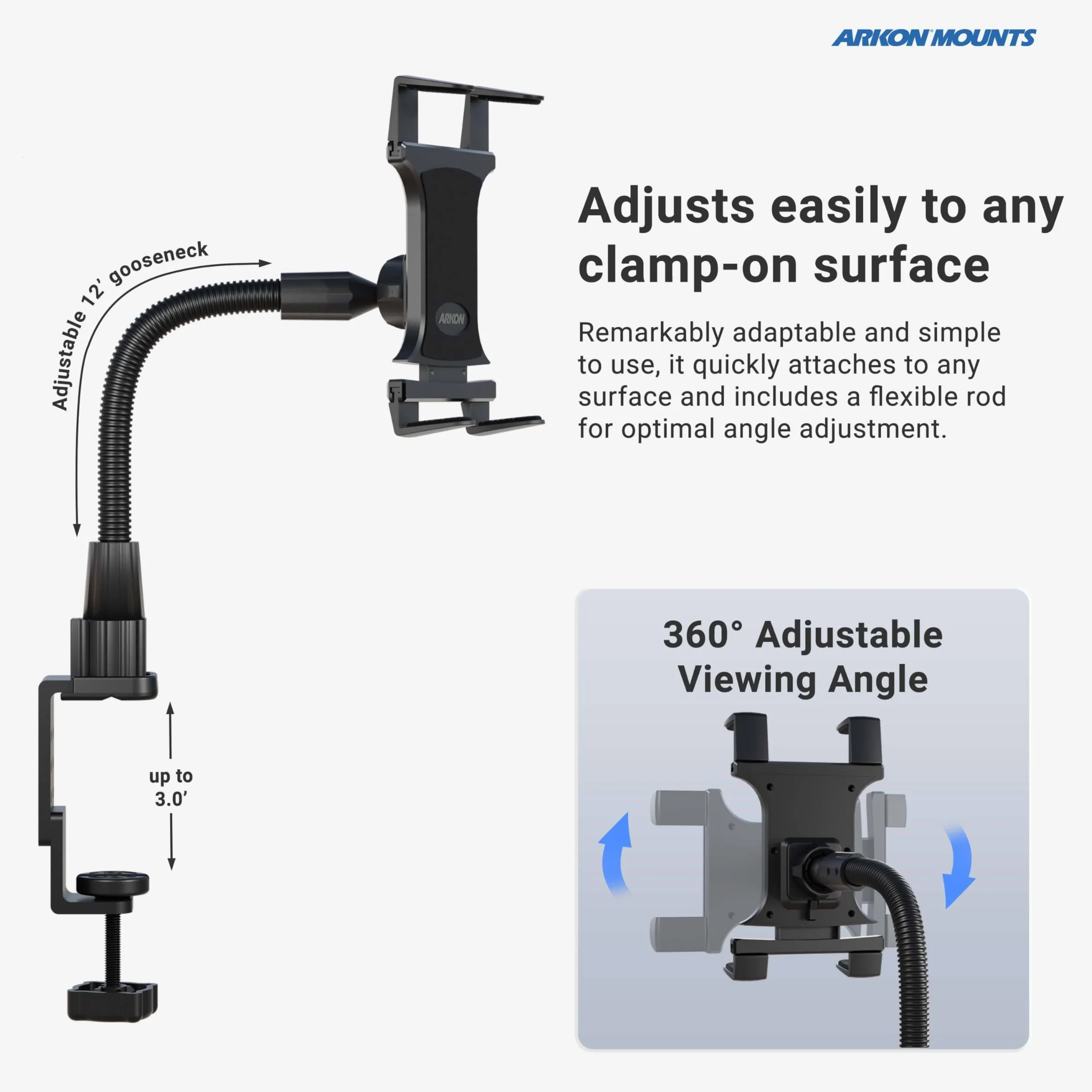 ARKON TAB086-12 wytrzymały uchwyt zaciskowy do tabletu z 12-calową szyjką do iPada Pro iPad Air Galaxy Note 10.1 Retail czarny