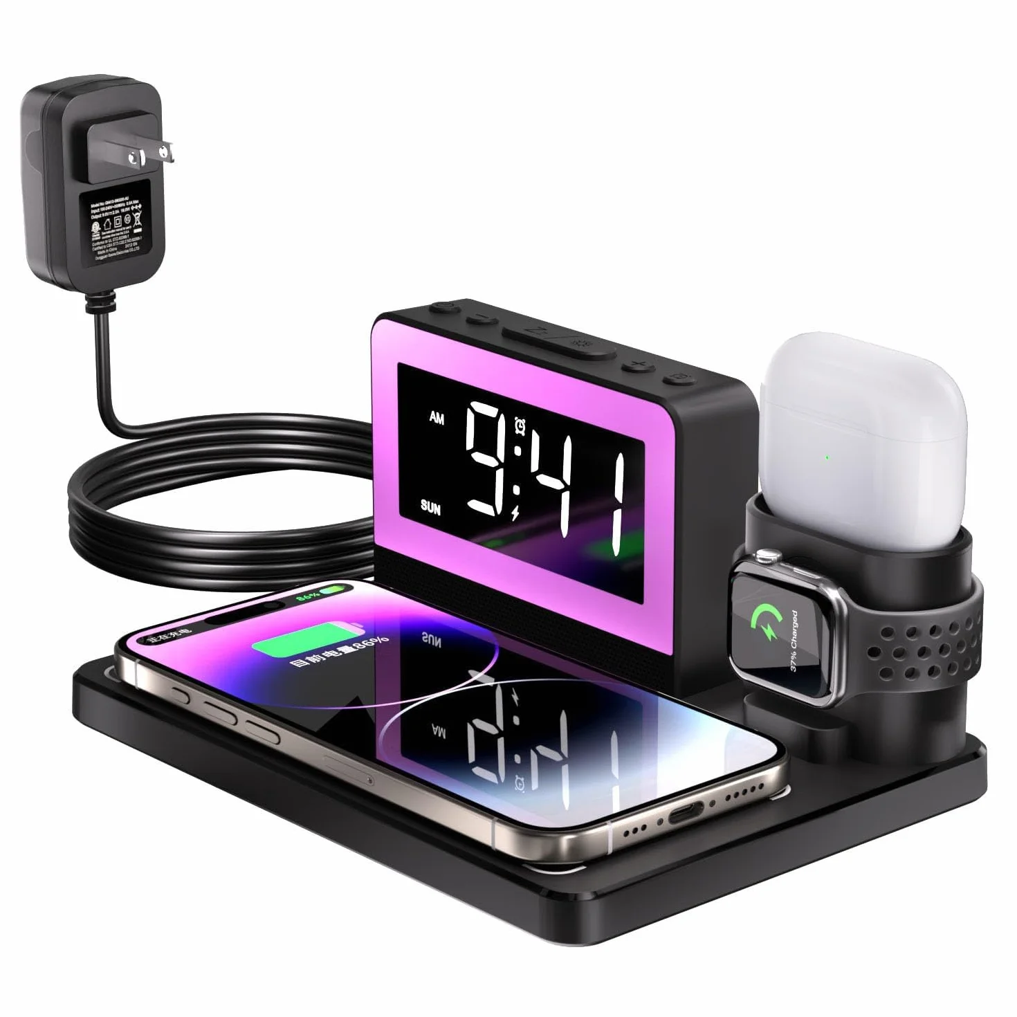 Bezprzewodowa stacja ładująca, budzik 7 w 1 z bezprzewodową ładowarką, stacja ładująca do wielu urządzeń Apple/Samsung Galaxy, dla iPhone Watch i Airpods