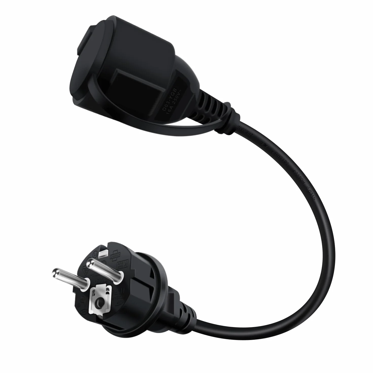 Schuko Przedłużacz Krótki biały 16A 250V Przedłużacz Schuko Krótki ochronny kabel kontaktowy, kabel IP44 do zewnątrz lub wewnątrz, dom, biuro (czarny, 0.3 m)