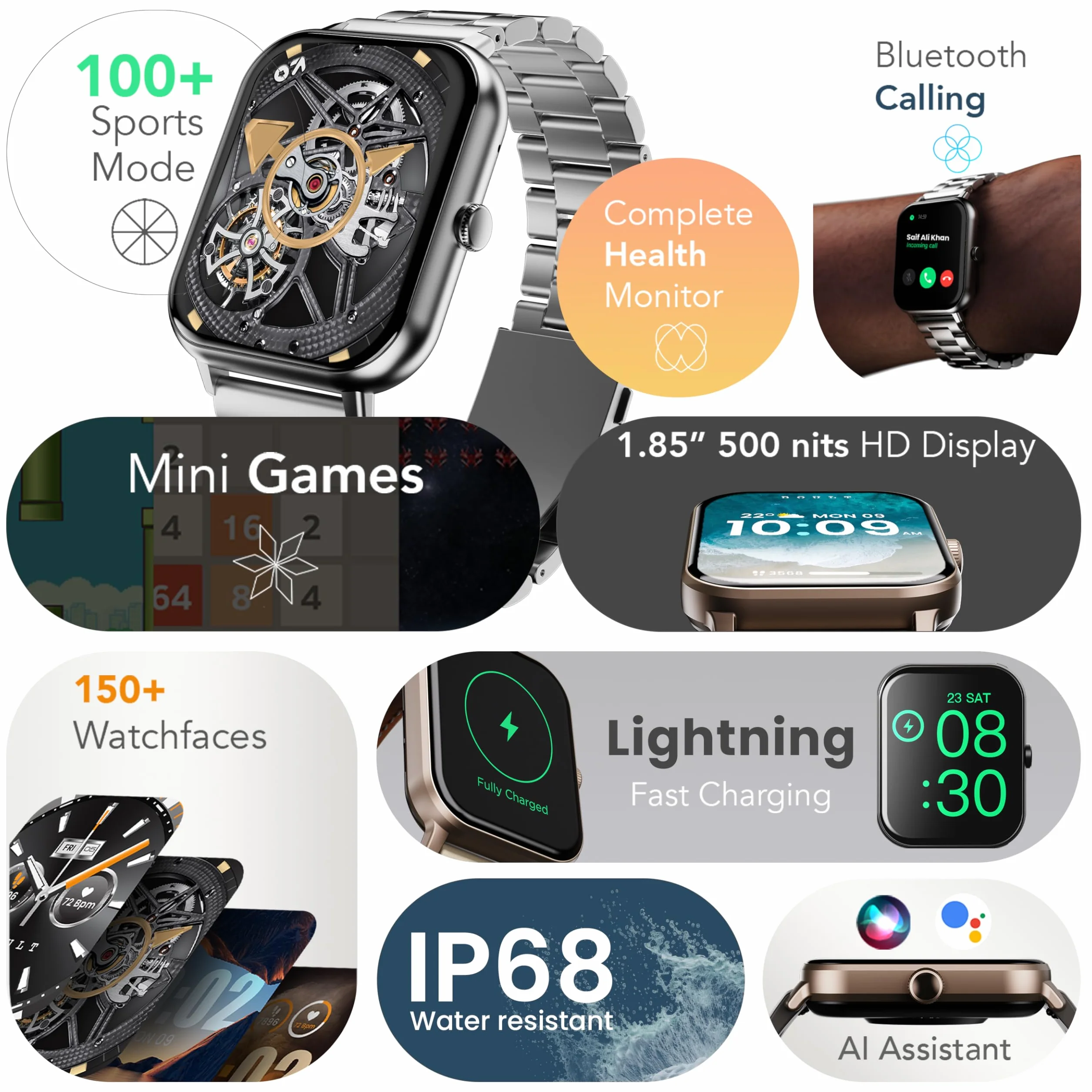 Boult Nowo wprowadzony na rynek Drift+ Smart Watch ekran HD 1,85'', połączenia Bluetooth, IP68, jasność 500 nitów, ponad 150 tarcz zegarków, asystent głosowy AI, monitorowanie SpO2, smartwatch z