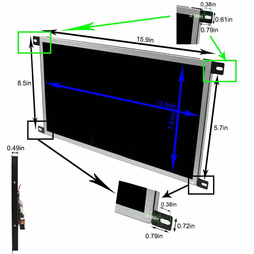 VSDISPLAY Przemysłowy monitor zewnętrzny, 15,6" G156HTN02.1 1000 nits | 1920X1080 TFT ekran LCD, z płytą kontrolera audio VGA DVI, metalowa tylna obudowa