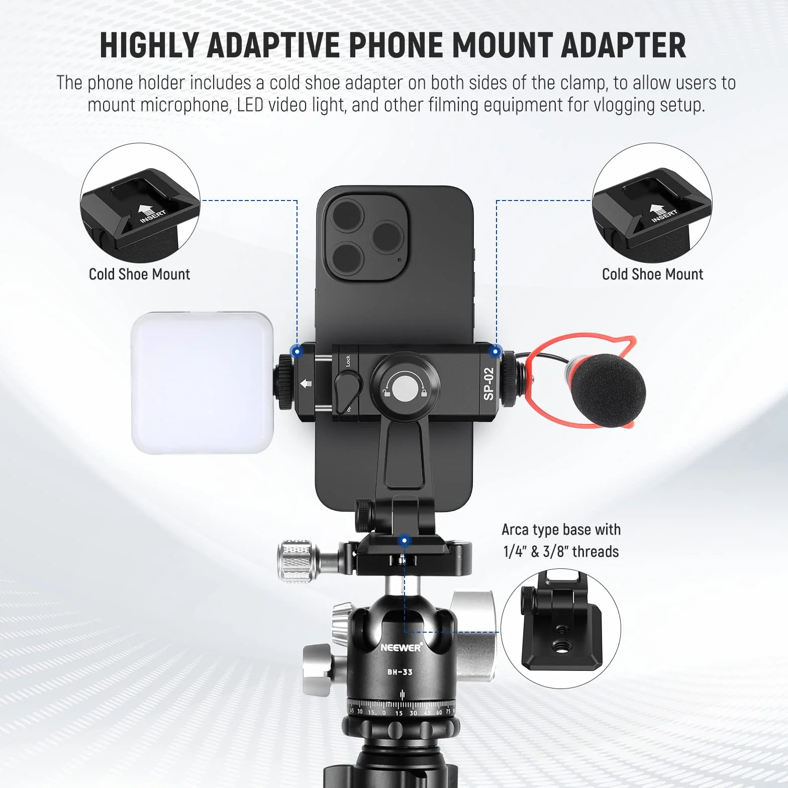 NEEWER Metalowy uchwyt do statywu, adapter z podstawą Arca QR, Cold Shoe, obracany o 360°, kąt nachylenia 180°, uchwyt na telefon, kompatybilny z iPhone 15 Pro Max Galaxy S24