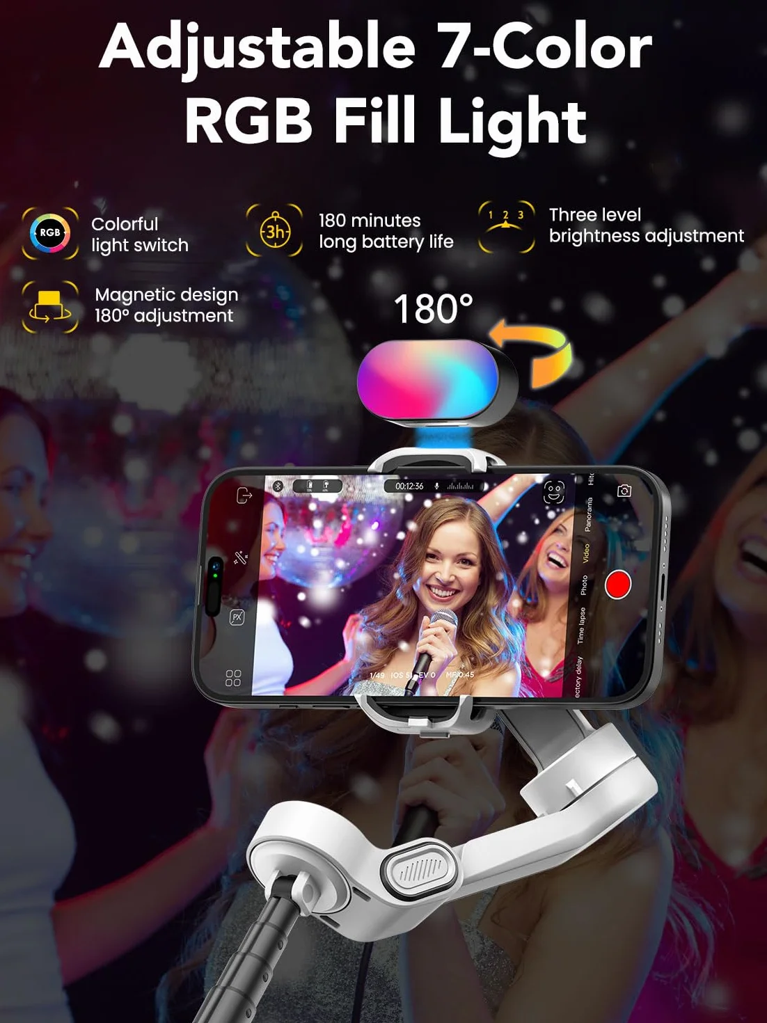 AOCHUAN Smart X2 3-osiowy stabilizator gimbala do smartfona z regulowanym światłem wypełniającym RGB, wbudowany drążek przedłużający 20 cm, ekran OLED do zdjęć nocnych, nagrywania wideo, zestaw X2,